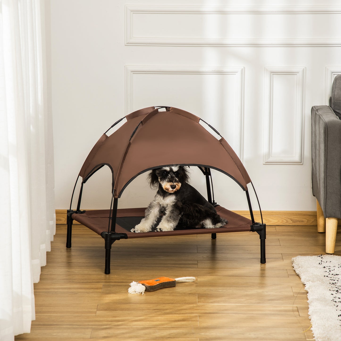 PawHut Erhöhtes Hundebett mit Baldachin, Haustierbett, Hundeliege outdoor mit Dach, Atmungsaktiv, Taftstoff für Camping Kaffee 76 x 61 x 73 cm