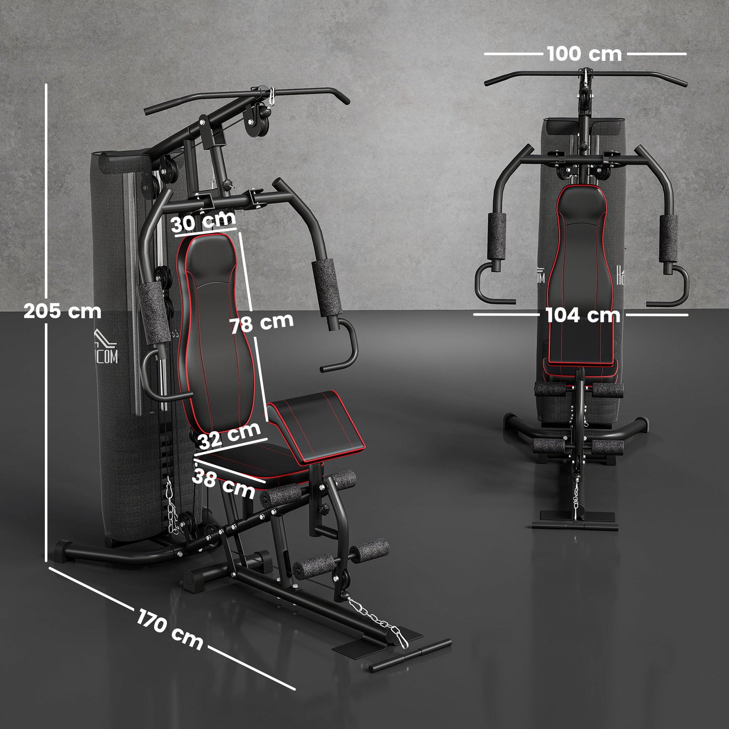 HOMCOM Heimtrainer, Trainingsstation, Hantelbank, Brustpresse, Stahl, 170x104x205 cm, Schwarz