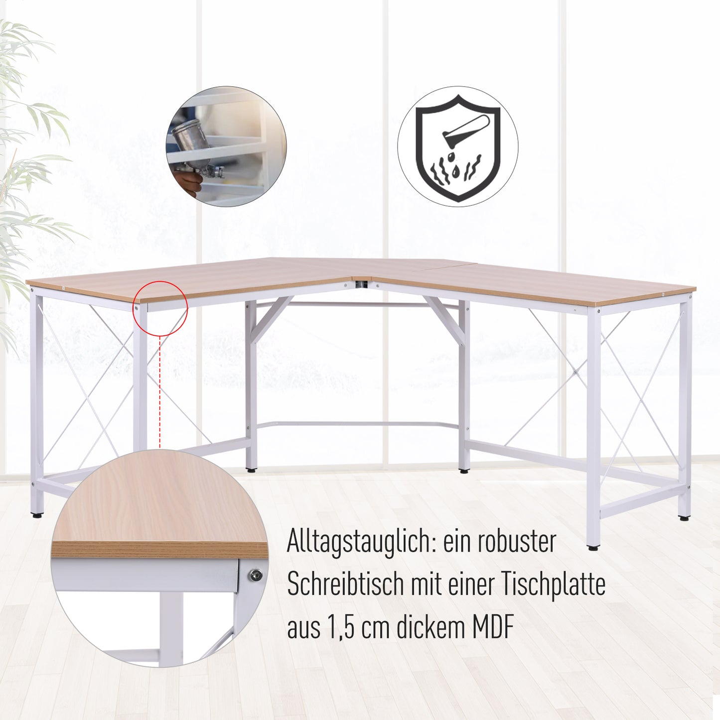 HOMCOM Computertisch Schreibtisch L-Form Arbeitstisch Bürotisch Eckschreibtisch Winkelschreibtisch MDF Natur 150 x 150 x 76 cm