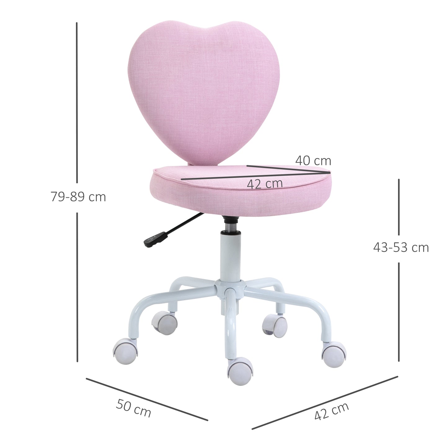 HOMCOM Drehstuhl, niedliches Herz-Design, höhenverstellbar, Stoffbezug in Leinenoptik, rosa, 42 x 50 x 79-89 cm