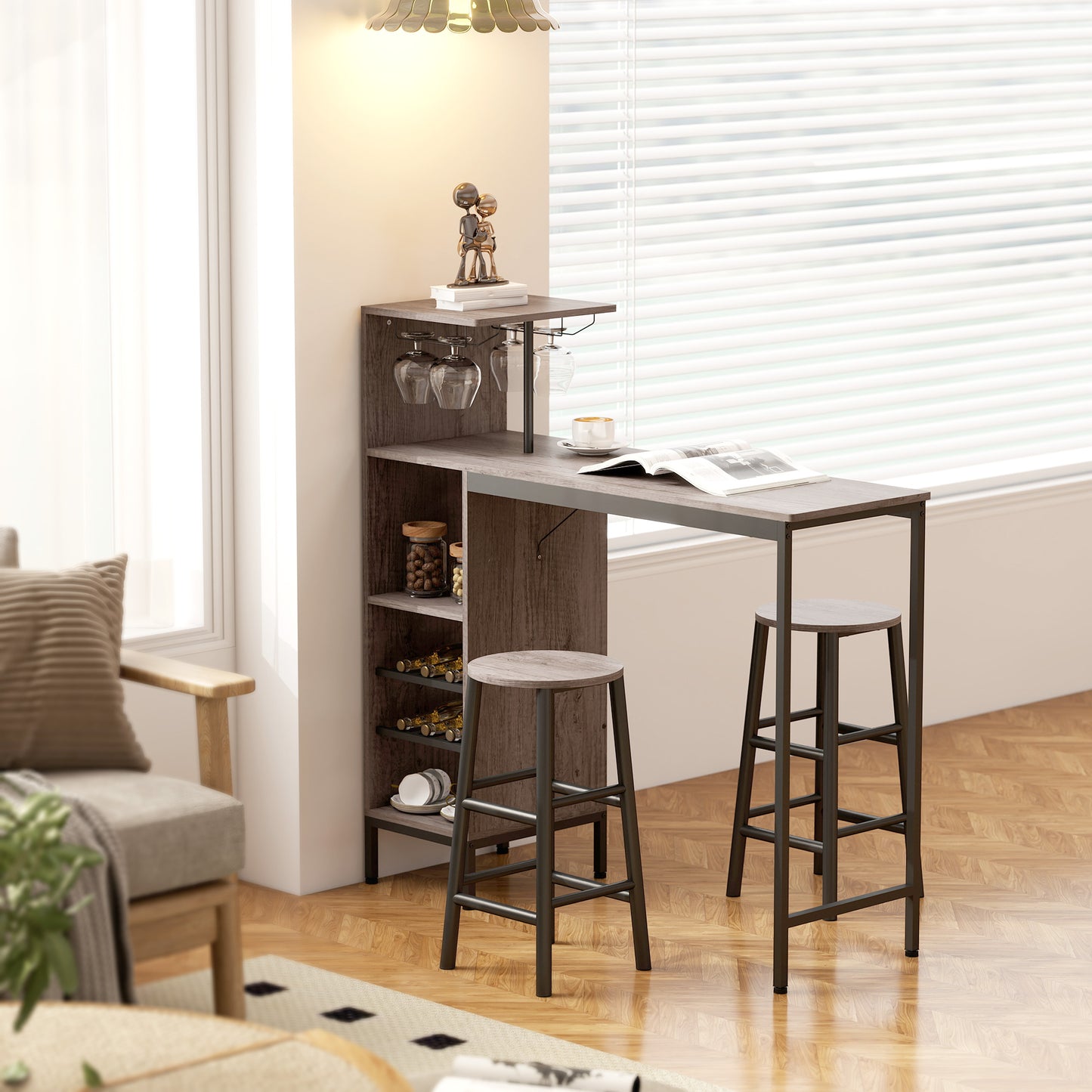 HOMCOM 3-tlg. Bartisch-Set mit Stauraum, Weinregalen, Glashaltern, Hockern mit Fußstütze, für kleine Räume, Grau