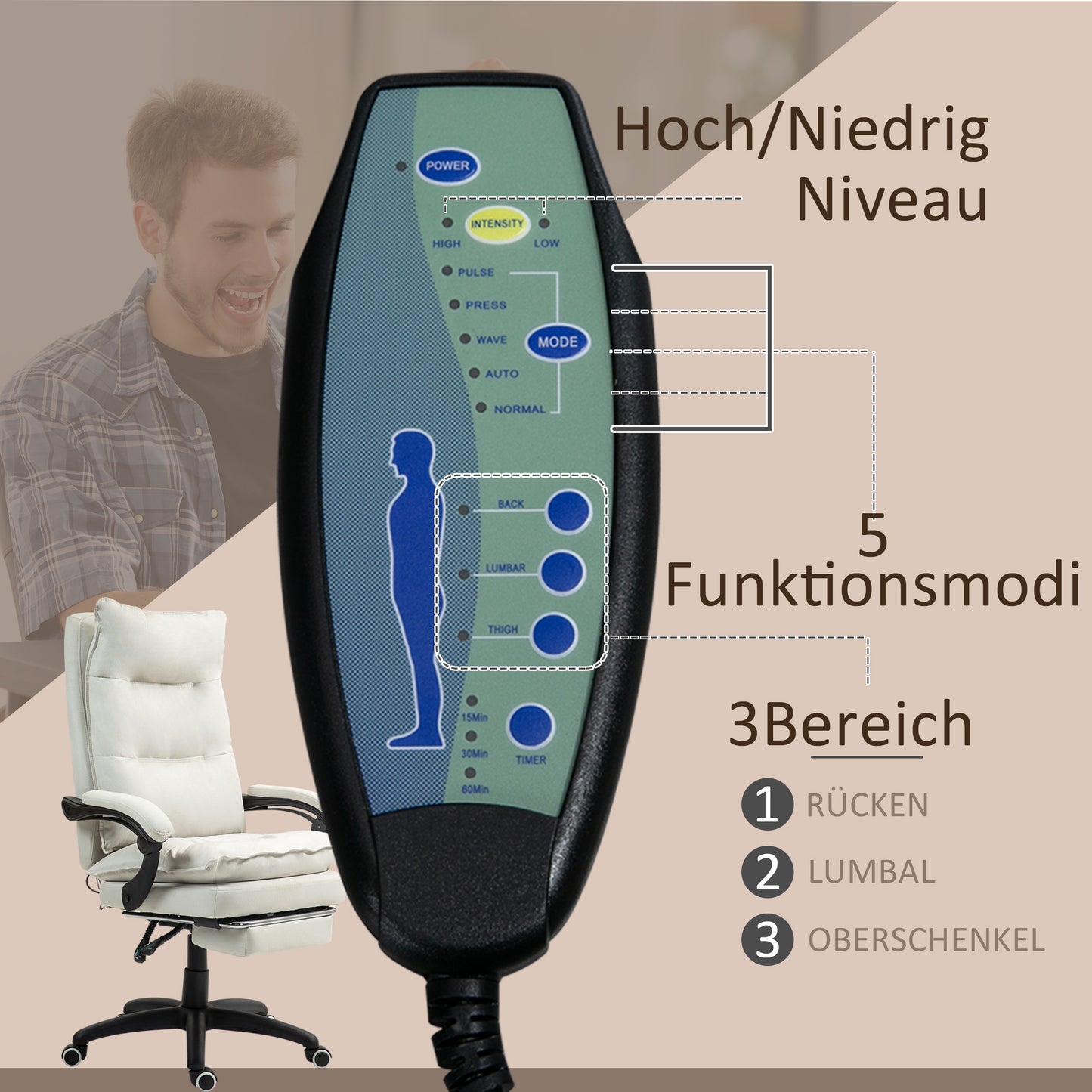 Vinsetto Massage-Bürostuhl, Schreibtischsessel mit Massagefunktion, höhenverstellbarer, ergonomischer Drehstuhl, Nylon, Cremeweiß