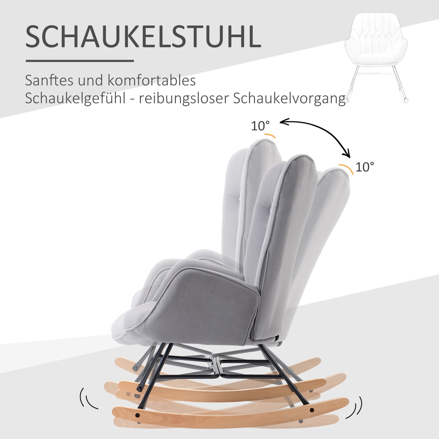 HOMCOM Schaukelstuhl mit Steppung, Holzkufen, Samtoptik, bis 150 kg, Hellgrau