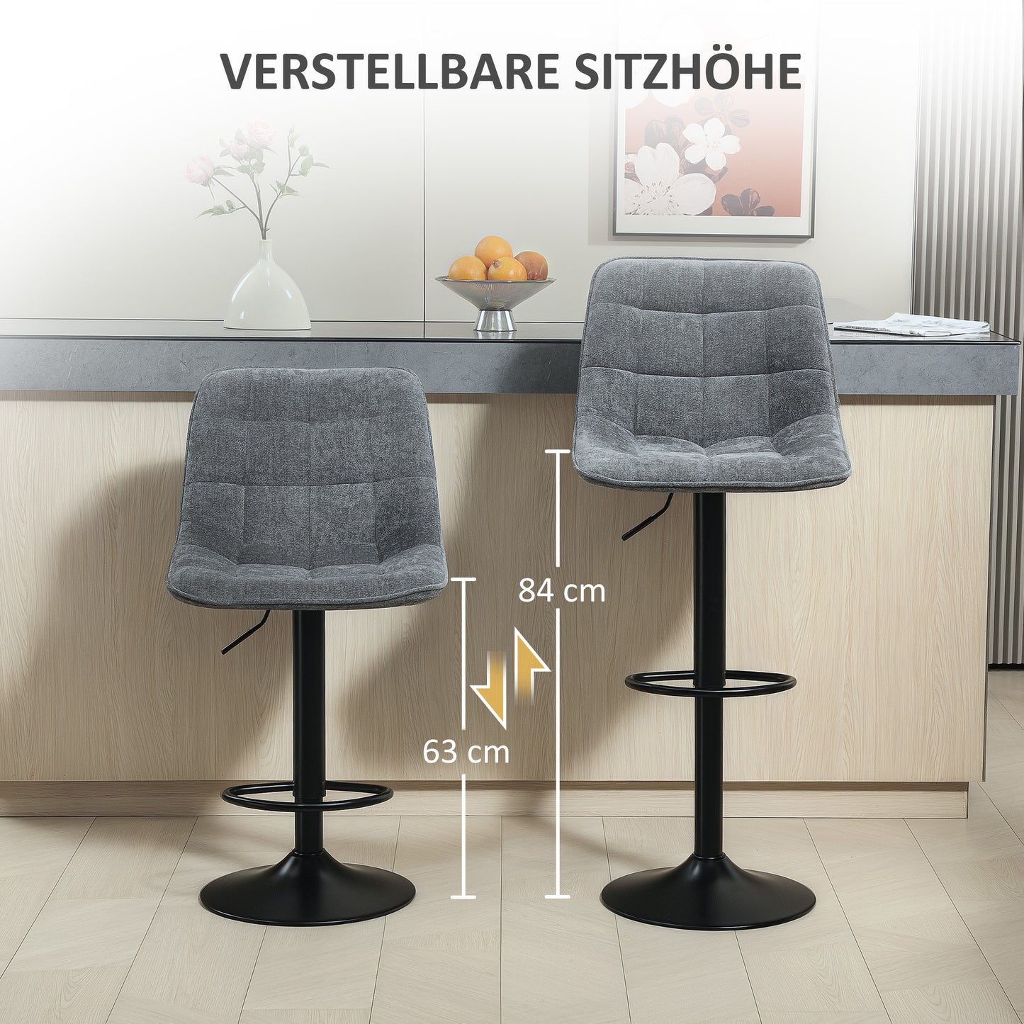 HOMCOM Moderner Barhocker, 2er-Set drehbare Barstühle mit Rückenlehne, höhenverstellbar, mit Fußstütze, gepolstert, Dunkelgrau