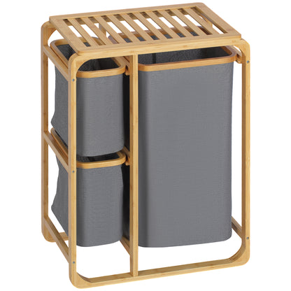 HOMCOM Wäschekorb aus Bambus , 3 abnehmbare Körbe 50 cm x 32 cm x 69,7 cm Natur Grau