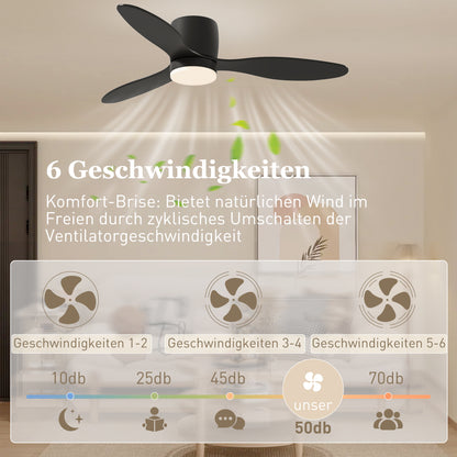 HOMCOM Deckenventilator mit Lampe und Fernbedienung, 3 Lichtfarben, 6 Geschwindigkeiten, Einstellbare Helligkeit, Schwarz