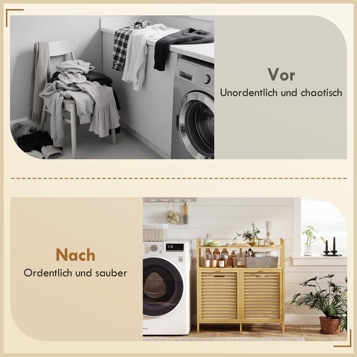 HOMCOM Wäscheregal mit 2 Wäschekörben, freistehendes Bambusregal für Badezimmer, Waschküche, Naturholz+Cremeweiß
