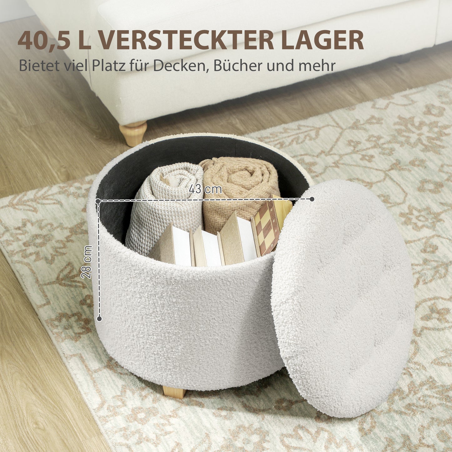 HOMCOM Sitzhocker mit Stauraum, Hocker mit Deckel, Runder Fußhocker, Aufbewahrungsbox, mit Holzbeinen, Weiß