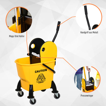 HOMCOM Reinigungswagen Fahreimer Putzeimer Wischwagen mit Auswringvorrichtung 26 Liter, Gelb, 44 x 36 x 90 cm