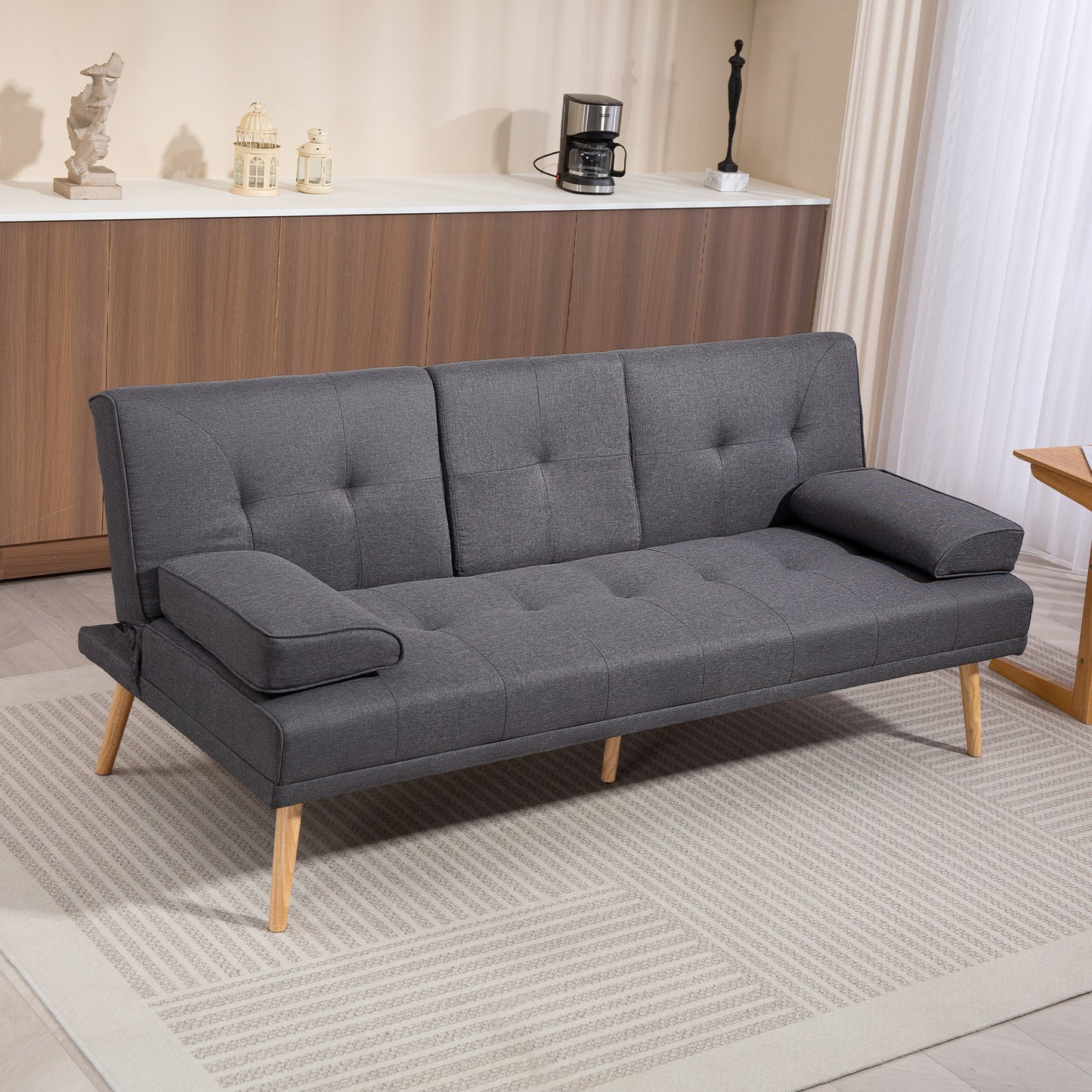 HOMCOM Schlafsofa im Skandi-Design, 3-Sitzer-Sofa, 2 Kissen, Grau + Natur