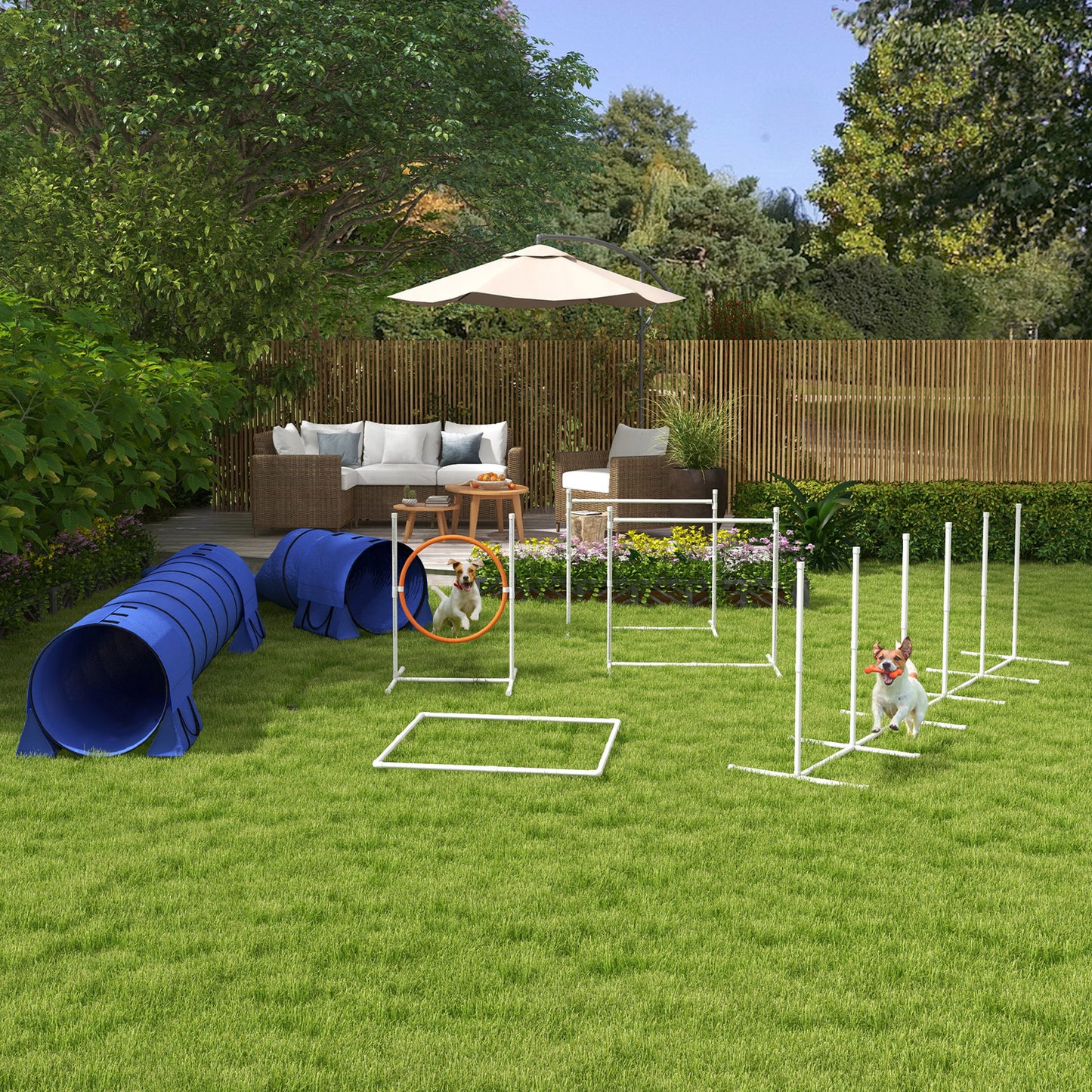 PawHut Hunde-Agiliy-Set Hundeparcours, 1 Reifen, 2 Tunnel 2 Hürden, 321 cm x 63c m x 93 cm, Blau + Rot+ Weiß