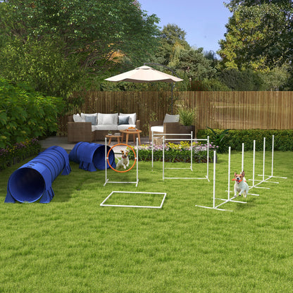PawHut Hunde-Agiliy-Set Hundeparcours, 1 Reifen, 2 Tunnel 2 Hürden, 321 cm x 63c m x 93 cm, Blau + Rot+ Weiß