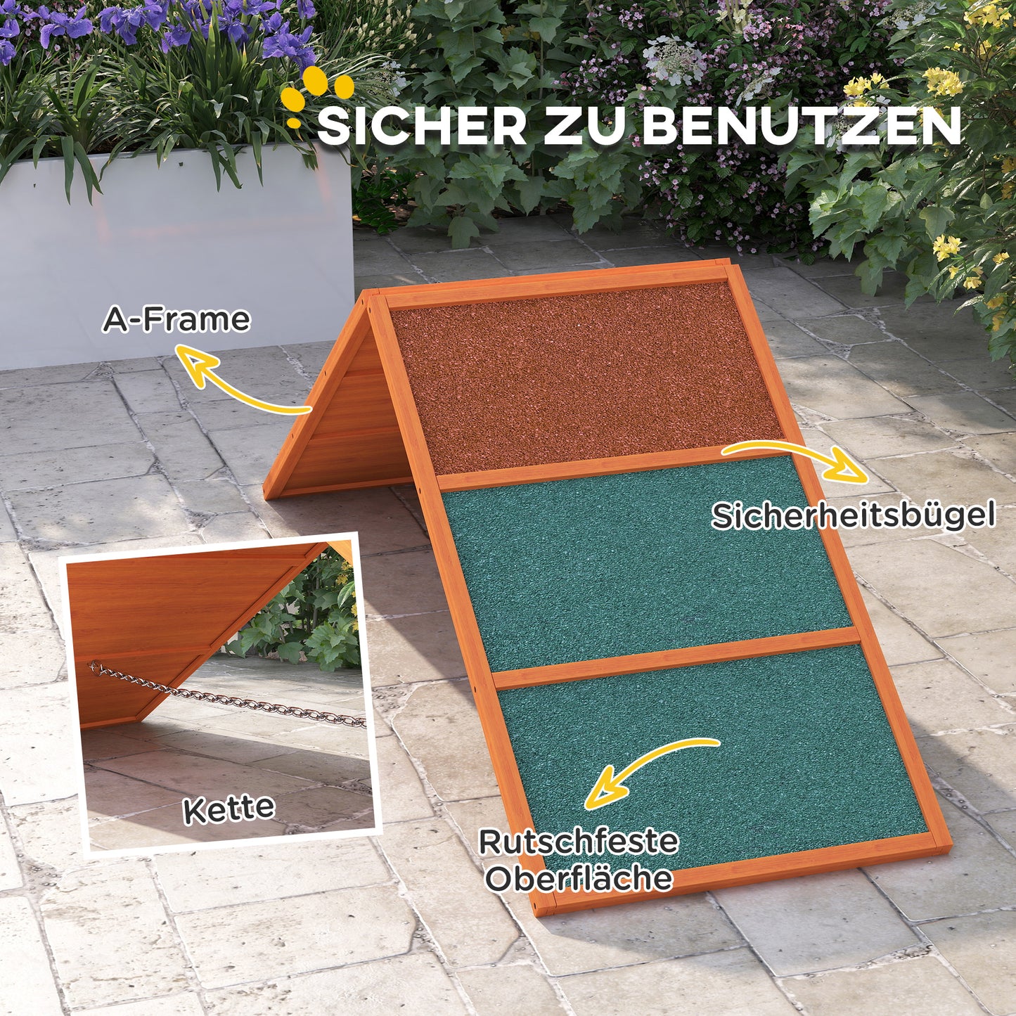 PawHut Agility Hunderampe, klappbar, verstellbare Höhe, rutschfest, Tannenholz, bis 40 kg, 173 x 59 x 66 cm, Orange/Grün
