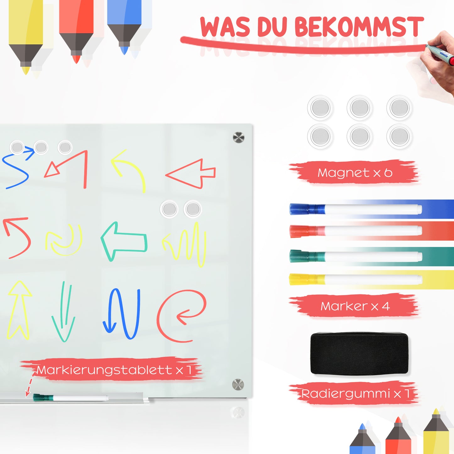Vinsetto Glas Whiteboard, Memoboard, Whiteboard, 4 Stifte, 6 Magnete, 1 Schwamm,1 Ablage, Weiß