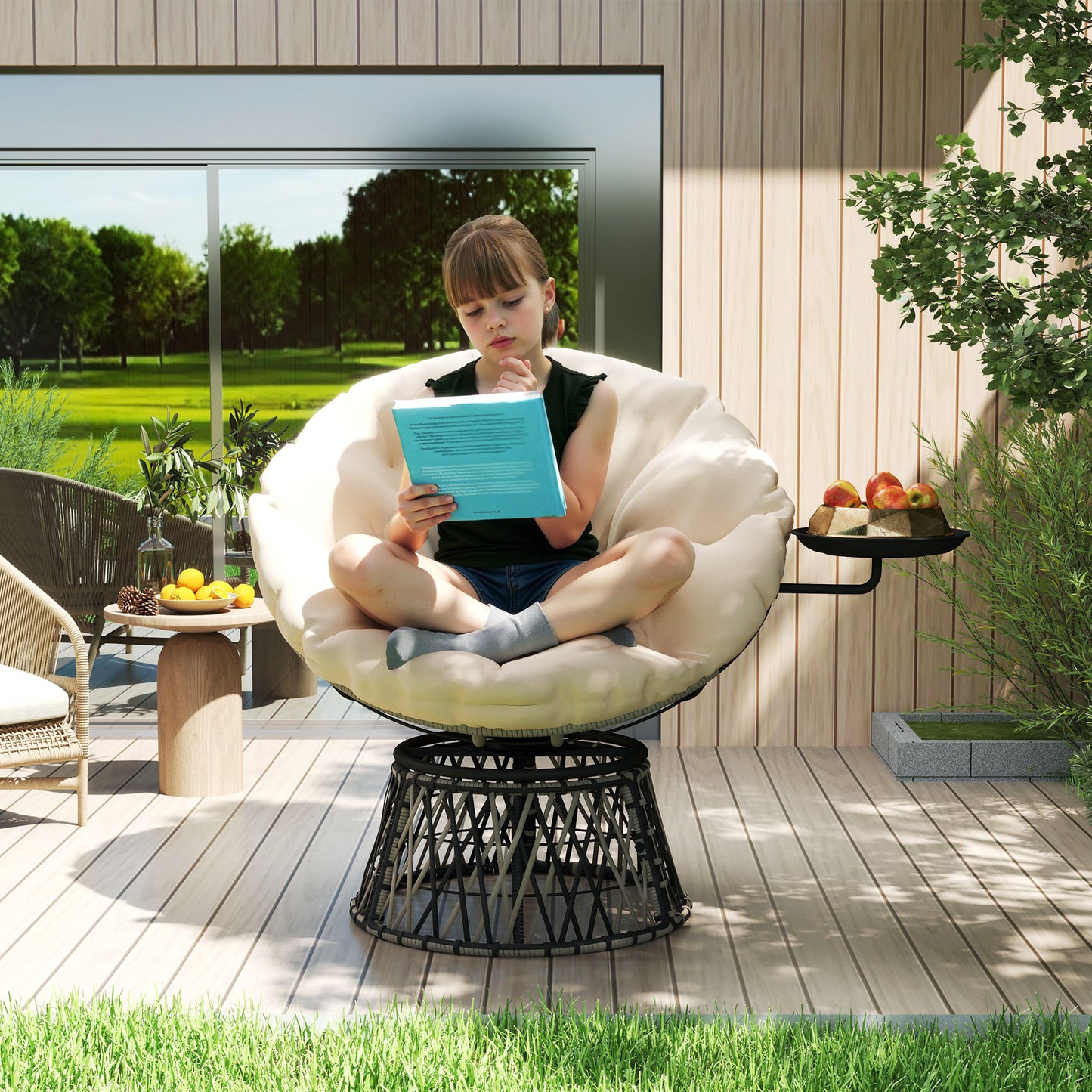 Outsunny Papasansessel Rattan 360° drehbar Korbsessel mit Kissen Durchmesser 90 cm runder Beige