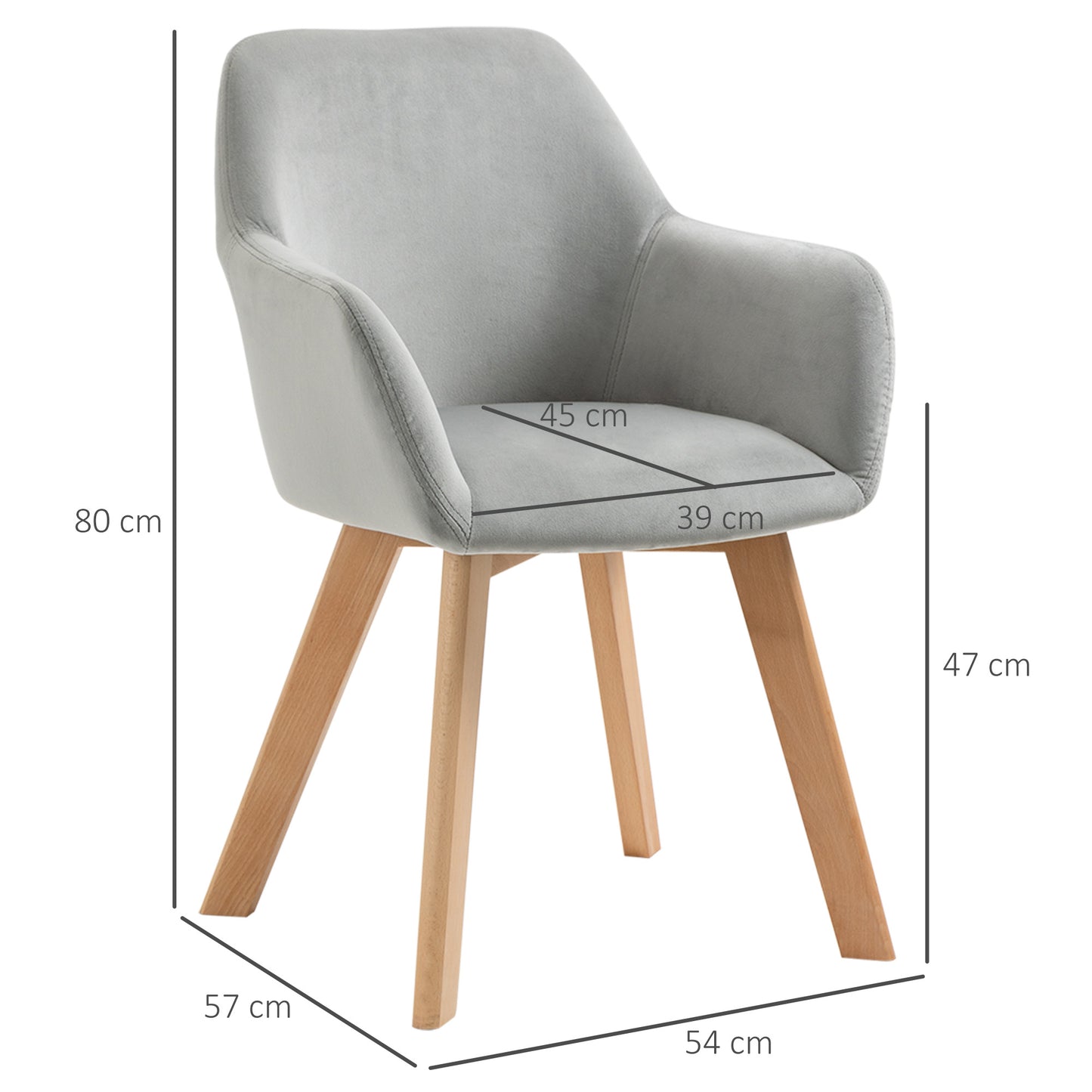 HOMCOM 2er-Set Stühle, Esszimmerstühle, Samtoptik, Holzbeine, 54 cm x 57 cm x 80 cm, Grau + Natur