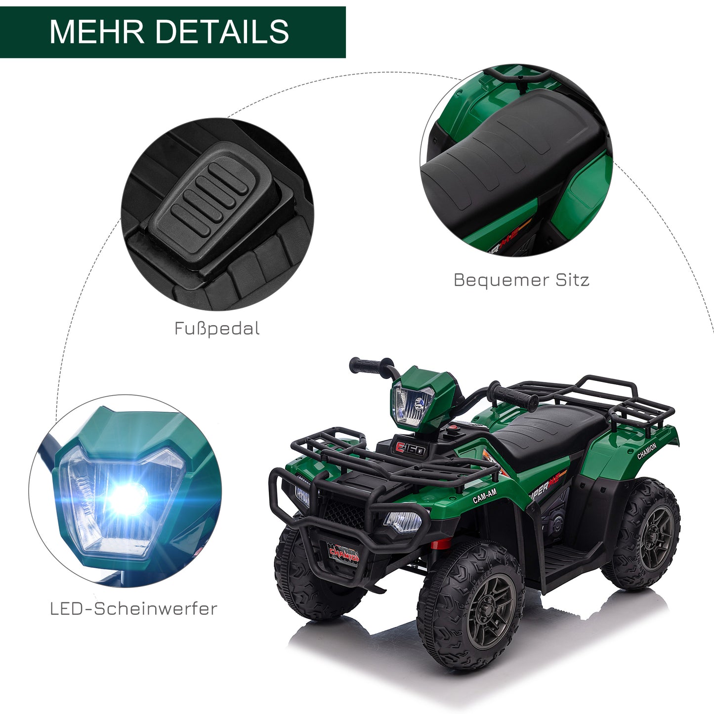 HOMCOM Kinder-Elektroquad, max. 4 km/h, ab 3 Jahren, LED-Scheinwerfer, Musikanschluss, schwarz+grün 88 x 45 x 50 cm