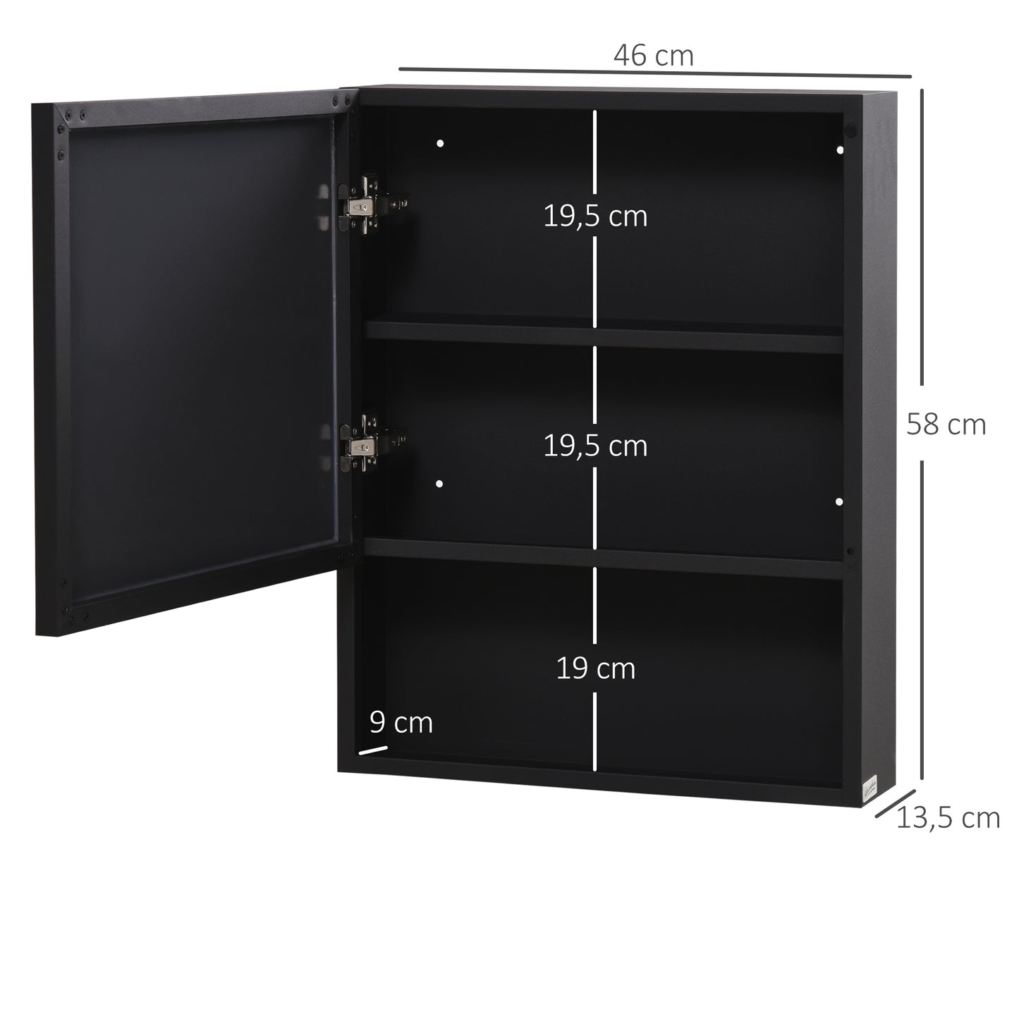 kleankin Spiegelschrank, 2 Innenböden, offenes Regalfach, Stahlgehäuse, schwarz, 46 x 13,5 x 58 cm