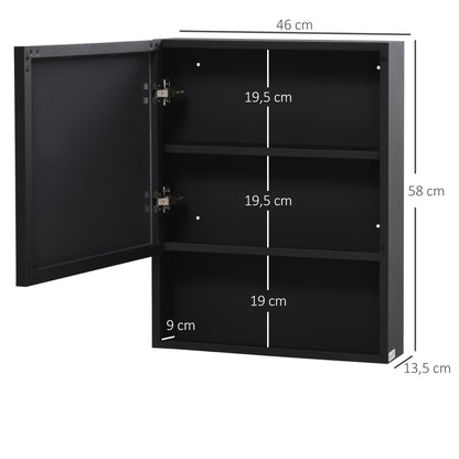 kleankin Spiegelschrank, 2 Innenböden, offenes Regalfach, Stahlgehäuse, schwarz, 46 x 13,5 x 58 cm