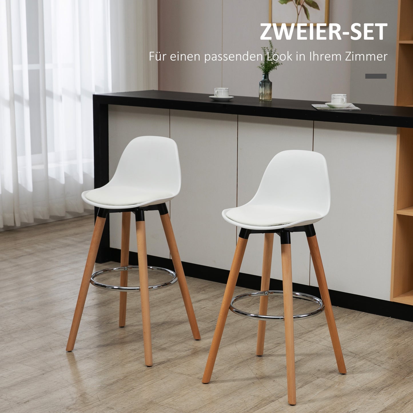 HOMCOM 2er-Set Barhocker Barstühle Skandi-Design، Fußtstütze، 38,5 سم × 42,5 سم × 91 سم، Natur + Weiß