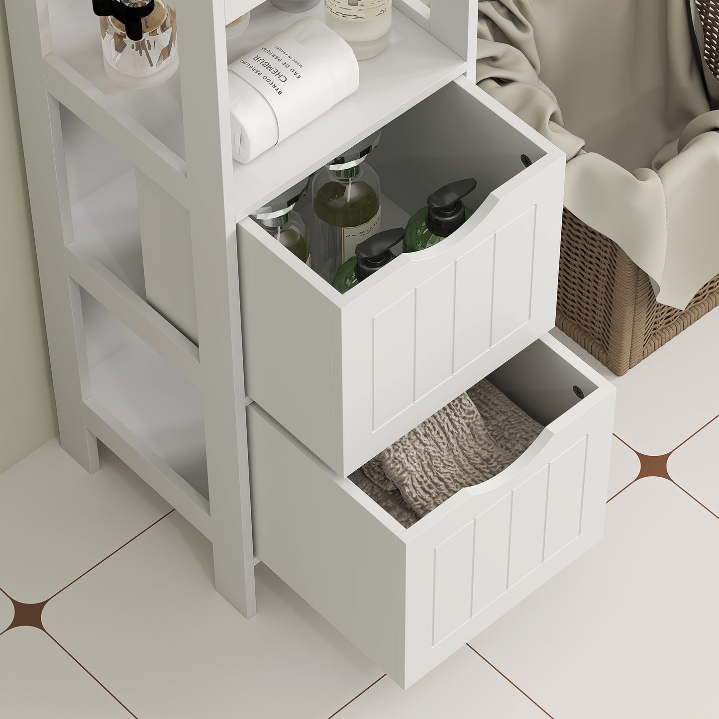 HOMCOM Badezimmerschrank, Kompaktes Badezimmerregal mit 2 Schubladen und 3 offenen Fächern, Freistehendes Badregal, MDF, Weiß