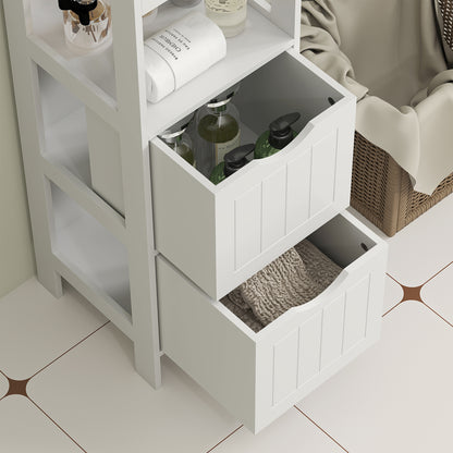 HOMCOM Badezimmerschrank, Kompaktes Badezimmerregal mit 2 Schubladen und 3 offenen Fächern, Freistehendes Badregal, MDF, Weiß