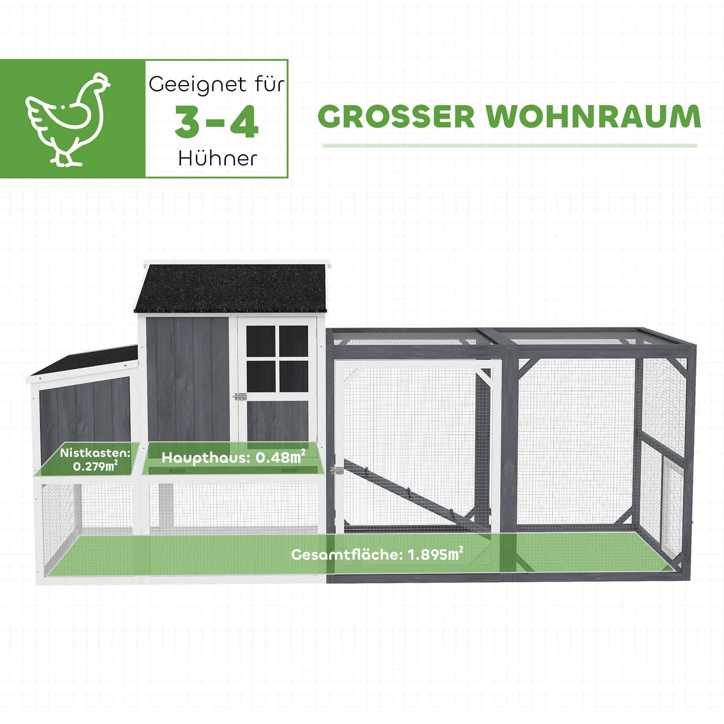 PawHut Hühnerstall mit Auslauf für 3-4 Hühner, 3-tlg. Nistkasten, 1,9 m² Fläche, Tannenholz, Grau