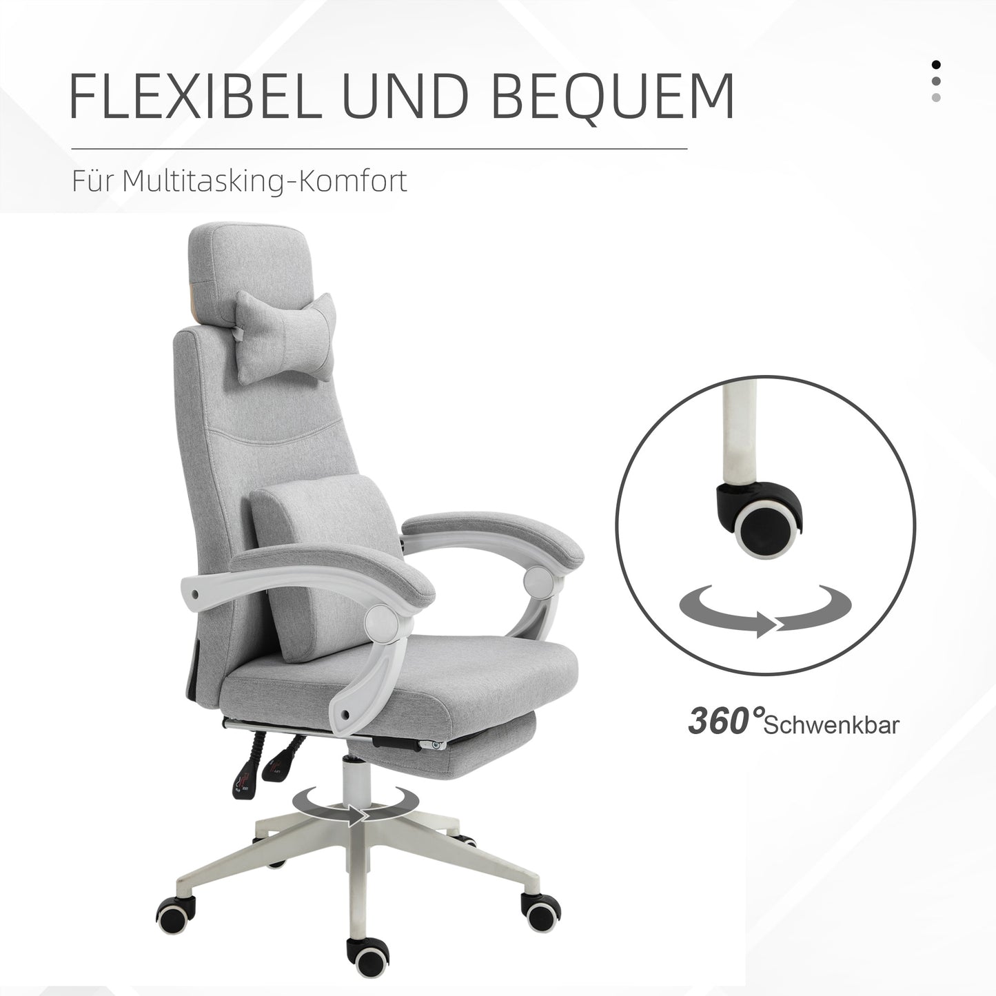 Vinsetto Bürostuhl, Ergonomischer Schreibtischstuhl mit Kopfkissen, Lendenkissen, höhenverstellbar Gamingstuhl mit Fußstütze, hoher Rückenlehne, Grau 62 x 68 x 117-127 cm