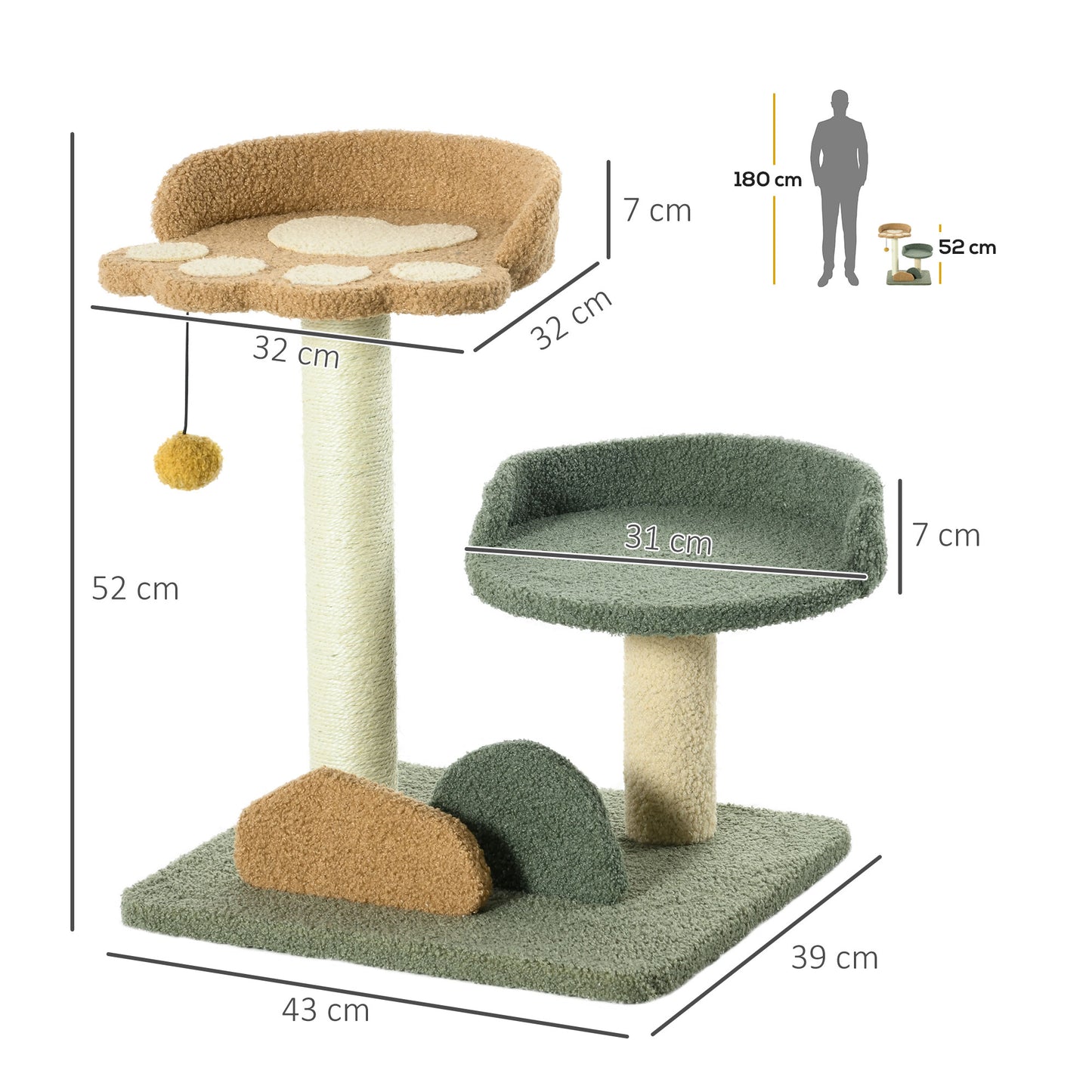 PawHut Kleiner Kratzbaum mit 2 Liegeflächen, inkl. Spielzeug, für kleine Katzen, Grün Beige+ Braun