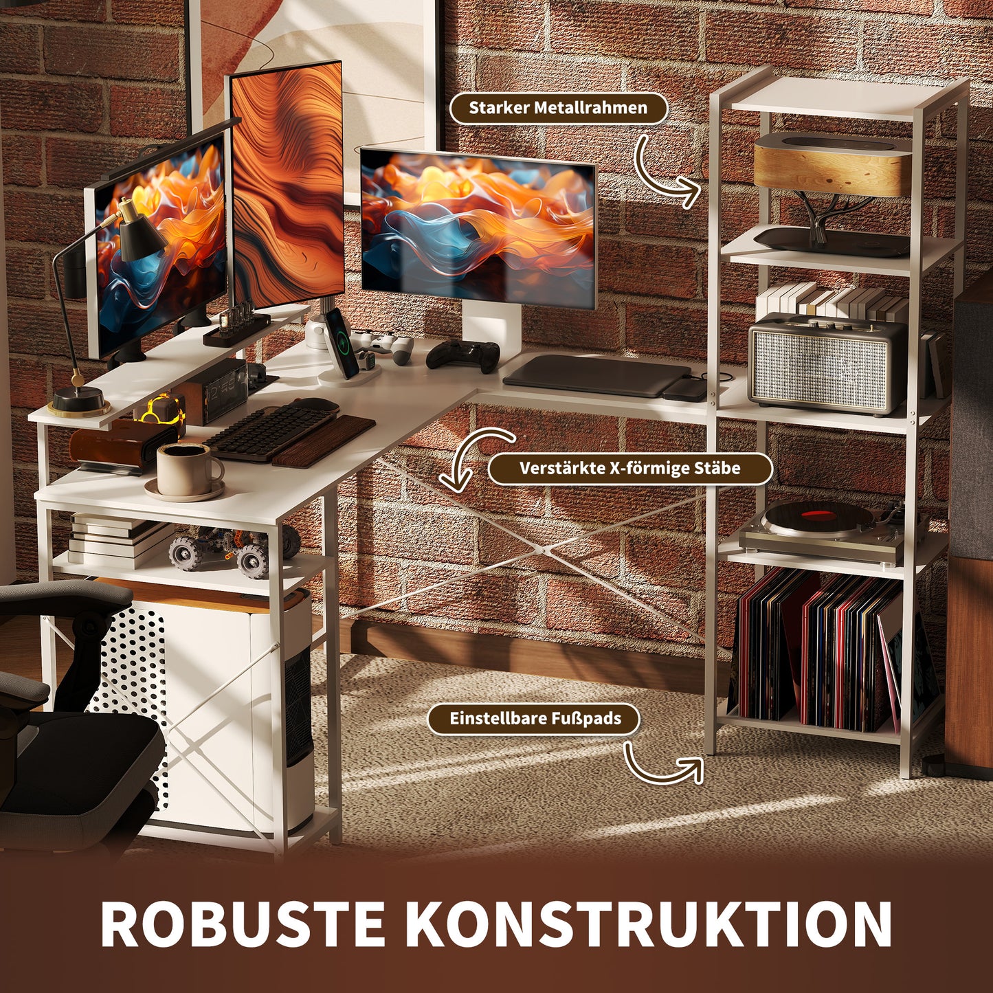 HOMCOM L-förmiger Schreibtisch mit Ladestation, Eck-Computertisch mit Monitorständer und Regalen, für Homeoffice, Büro, Weiß