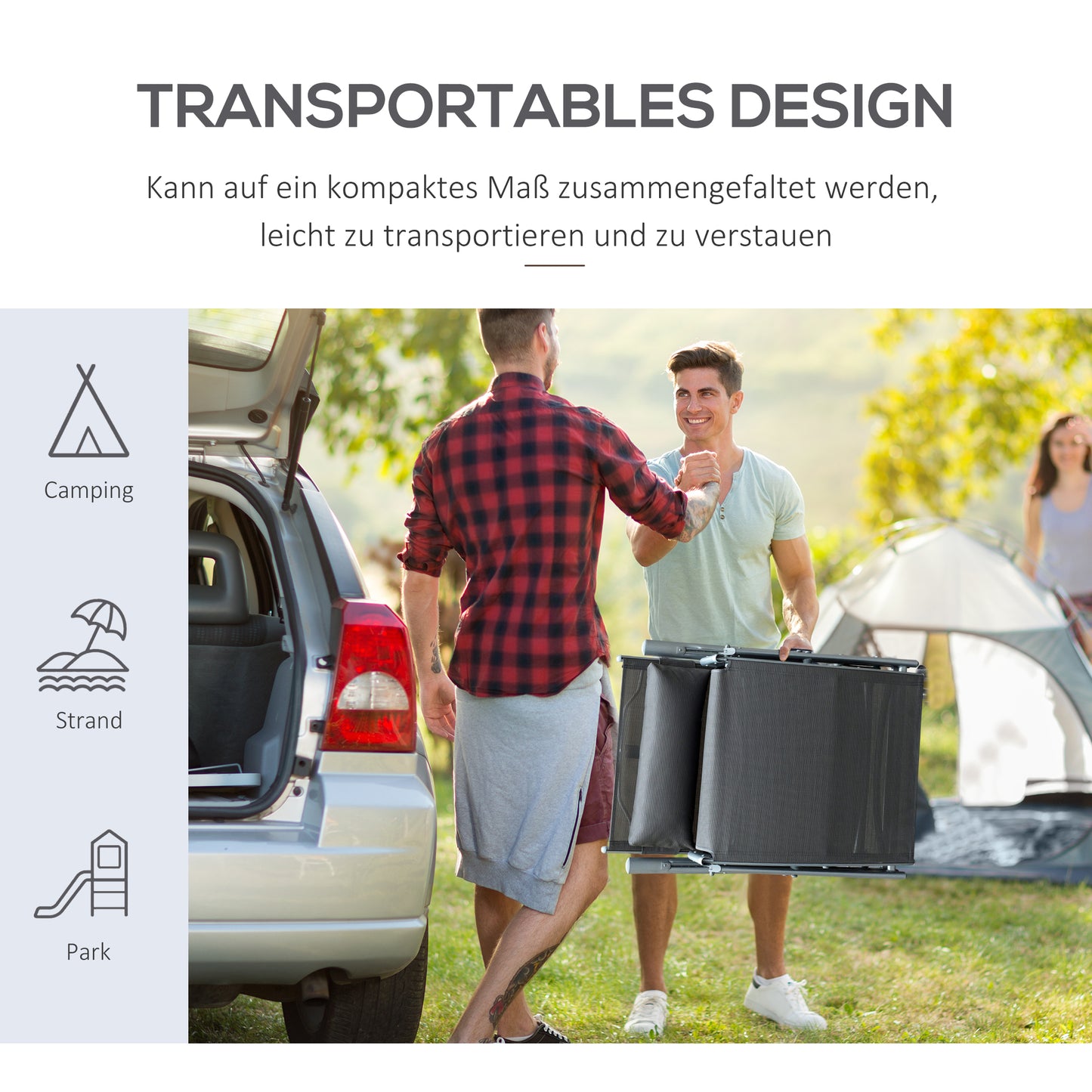 Outsunny Sonnenliege klappbar Strandliege mit Kopfkissen Sitzkissen Liegestuhl mit 7-Fach verstellbare Rückenlehne Gartenliege Relaxliege bis 165 kg belastbar, für Garten Urlaub Outdoor, Grau