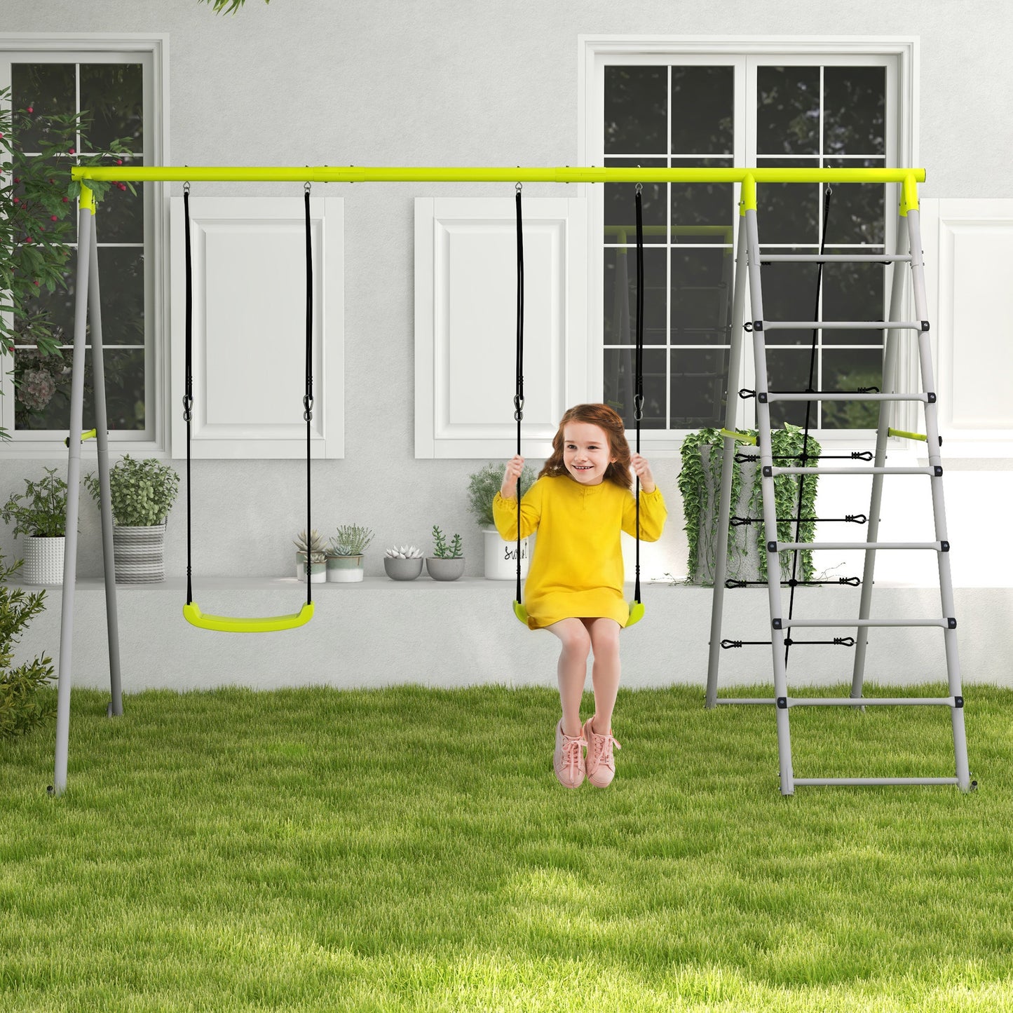 Outsunny Kinderschaukel-Set, mit Kletternetz und Sprossenleiter, für Kinder 3-8 Jahre, Stahlgestell, Grün