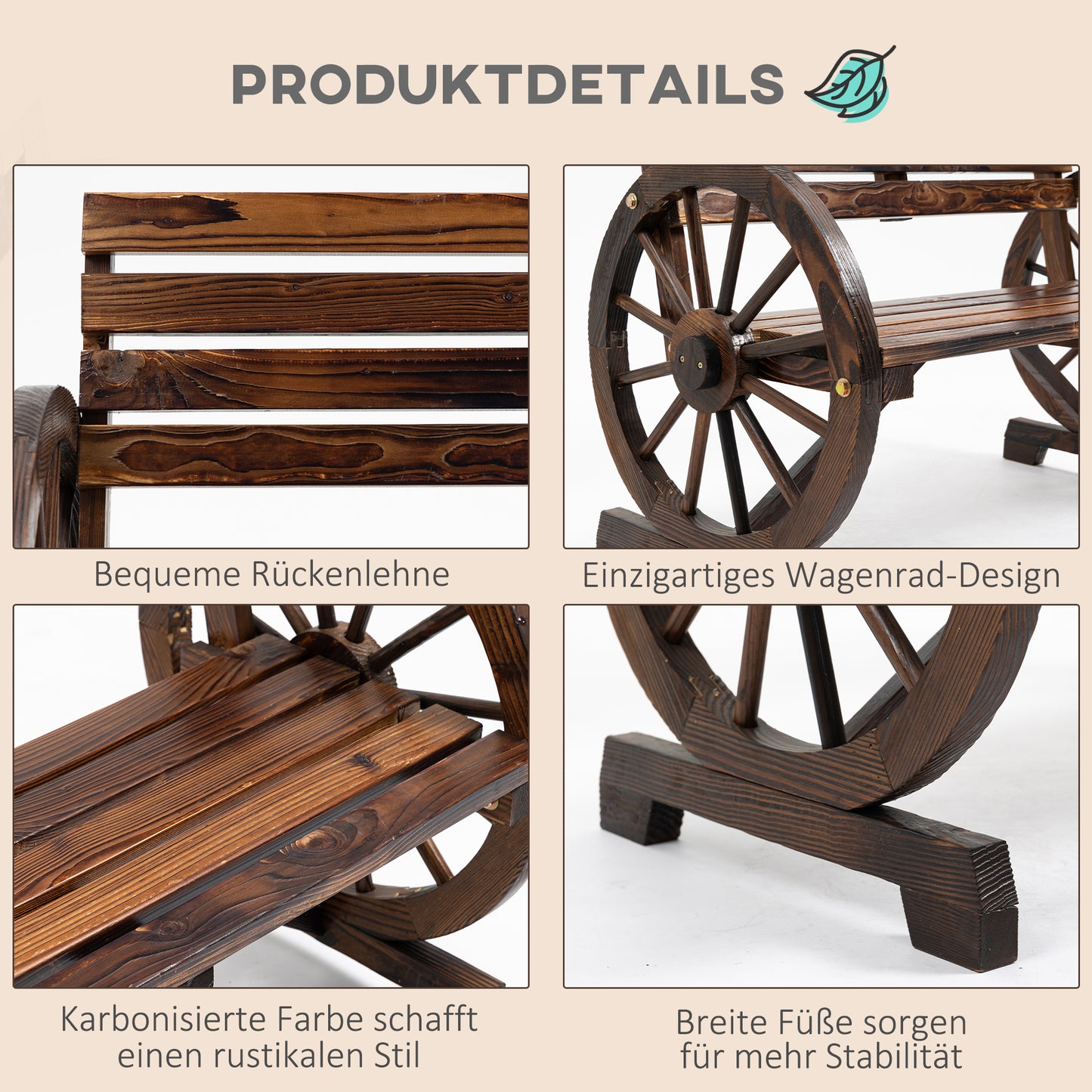 Outsunny Gartenbank, Wagenrad-Design, für 2 Personen, Naturholz, dunkelbraun, 105,5 x 56 x 79cm