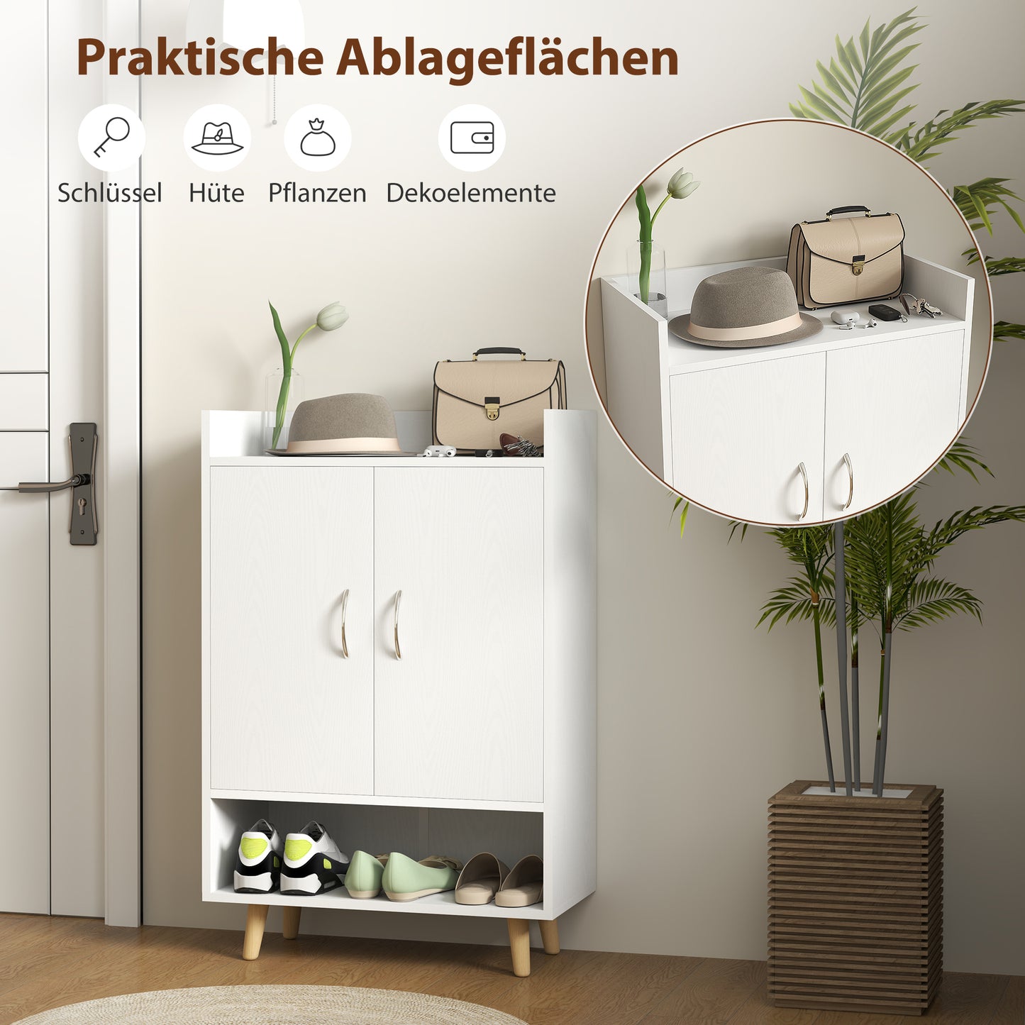 HOMCOM Schuhschrank, Schuhregal mit Türen und Regalen, für Flur, moderne Schuhkommode, Schuhablagen, 60 x 30 x 92 cm, Weiß
