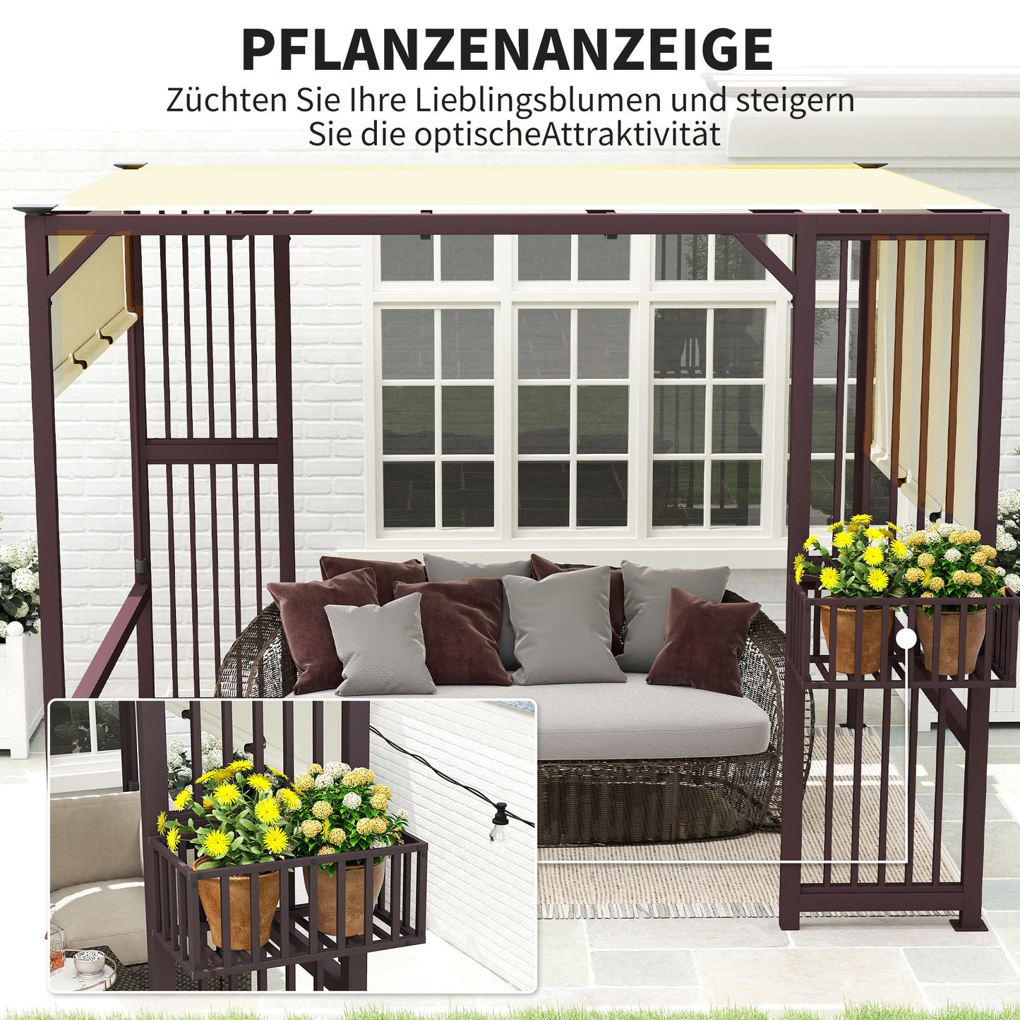 Outsunny Pergola Pavillon 3x2,5m UV 30+Stabil winterfest Sonnenschutz mit verstellbar Schiebedach Dunkelbraun