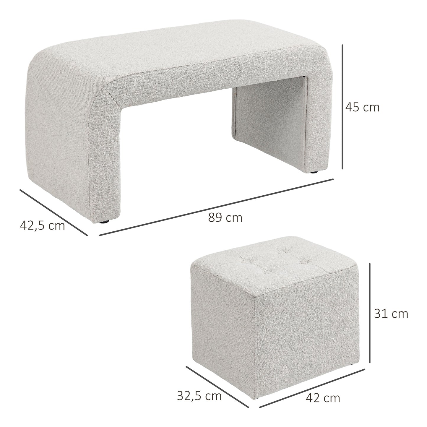 HOMCOM Fußhocker-Set Fußhocker 3-teilig, Knopfheftung, 89 cm x 42,5 cm x 45 cm, Creme