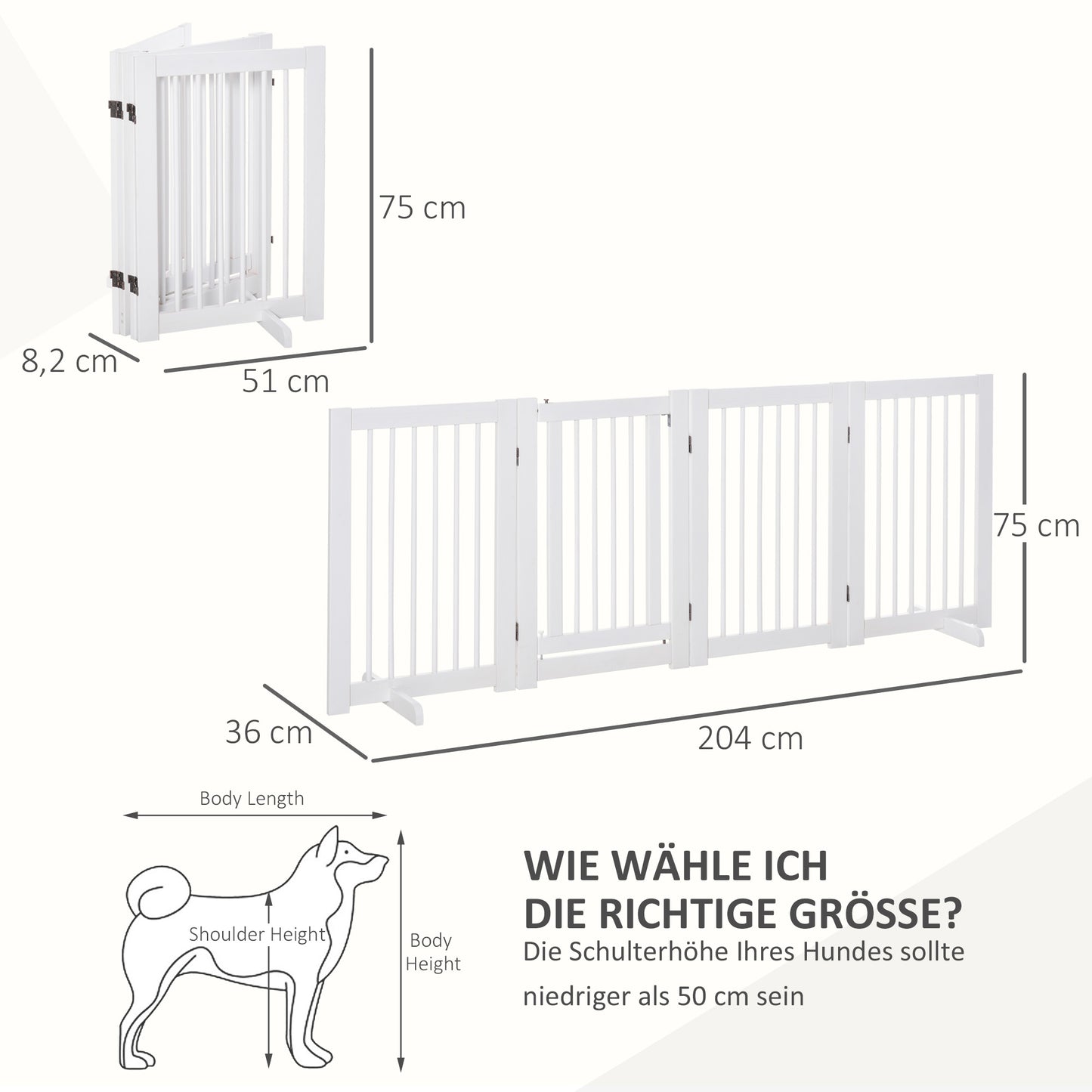 PawHut Absperrgitter Hund 4-teilig, 204 x 75 cm Faltbar Türschutzgitter mit Tür, Freistehend Hundegitter mit 2 Stützfüßen, Treppengitter aus Holz für Flur, Küche, Treppe, Weiß