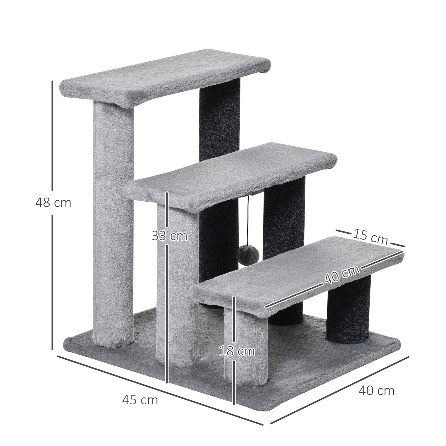 PawHut Katzentreppe 3-Stufige Haustiertreppe mit Kratzsäulen Ball Hundetreppe Tiertreppe for Katzen bis 5 كجم Plüsch Jute Grau 45 × 40 × 48 سم