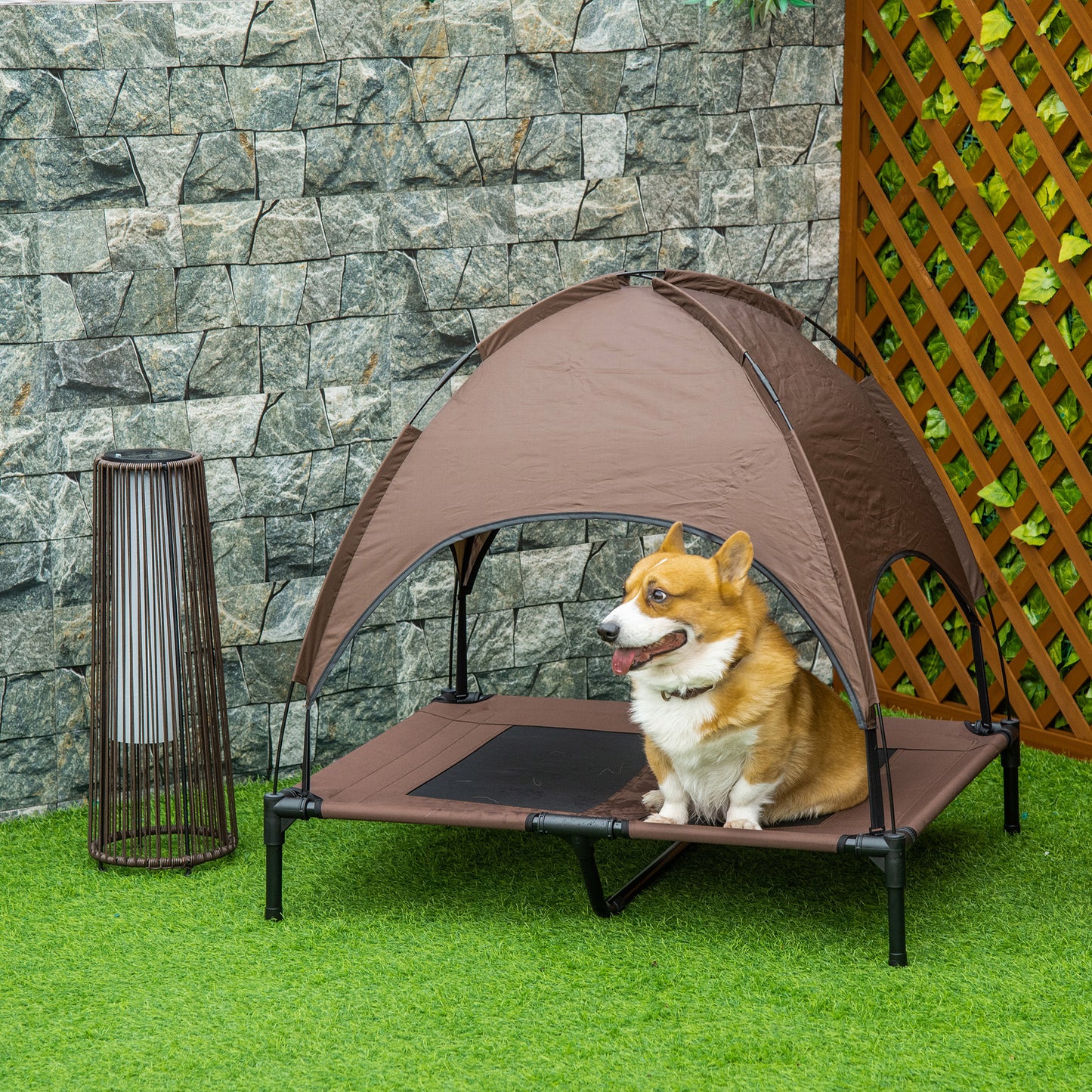 PawHut Erhöhtes Hundebett mit Baldachin, Haustierbett, Hundeliege outdoor mit Dach, Atmungsaktiv, Taftstoff für Camping Kaffee 92 x 76 x 90 cm