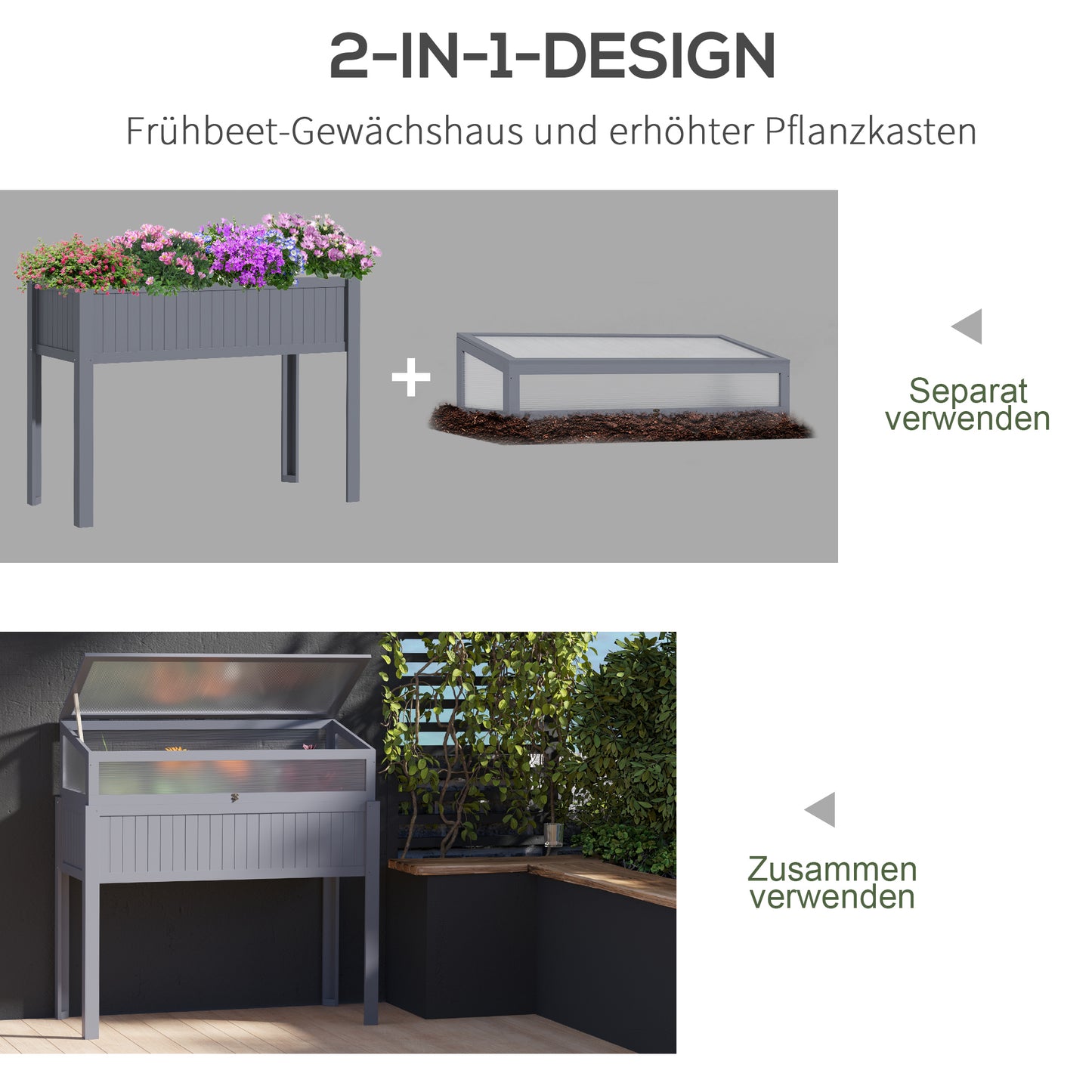 Outsunny Hochbeet Holz mit Frühbeet 2-in1 Gewächshaus Tomatenhaus Gemüsebeet Kräuterbeet Pflanzkasten für Garten Balkon und Terrasse Polycarbonat Grau 120 x 54 x 112/122 cm