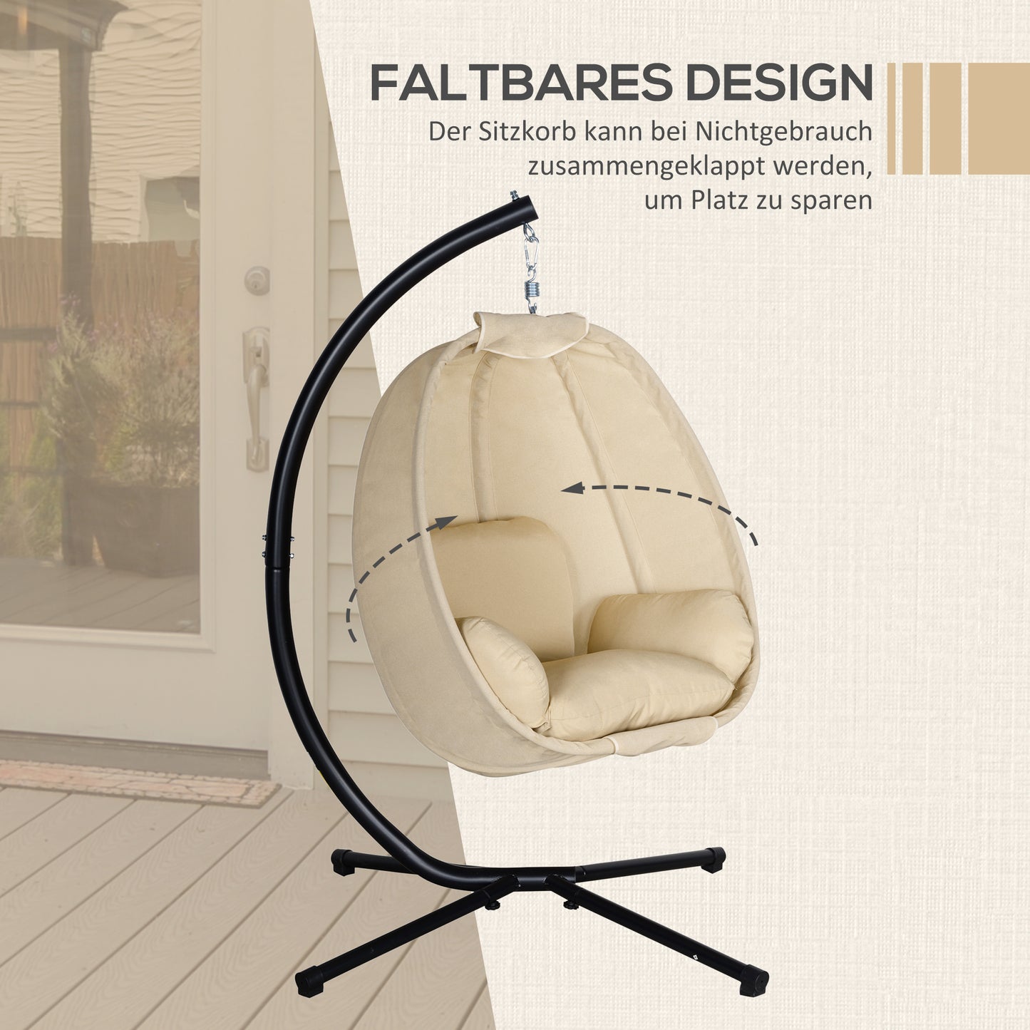 Outsunny Hängesessel, Eiförmiger Schaukelsitz mit weichem Kissen, für drinnen und draußen geeignet, 125L x 95B x 170H cm, Khaki