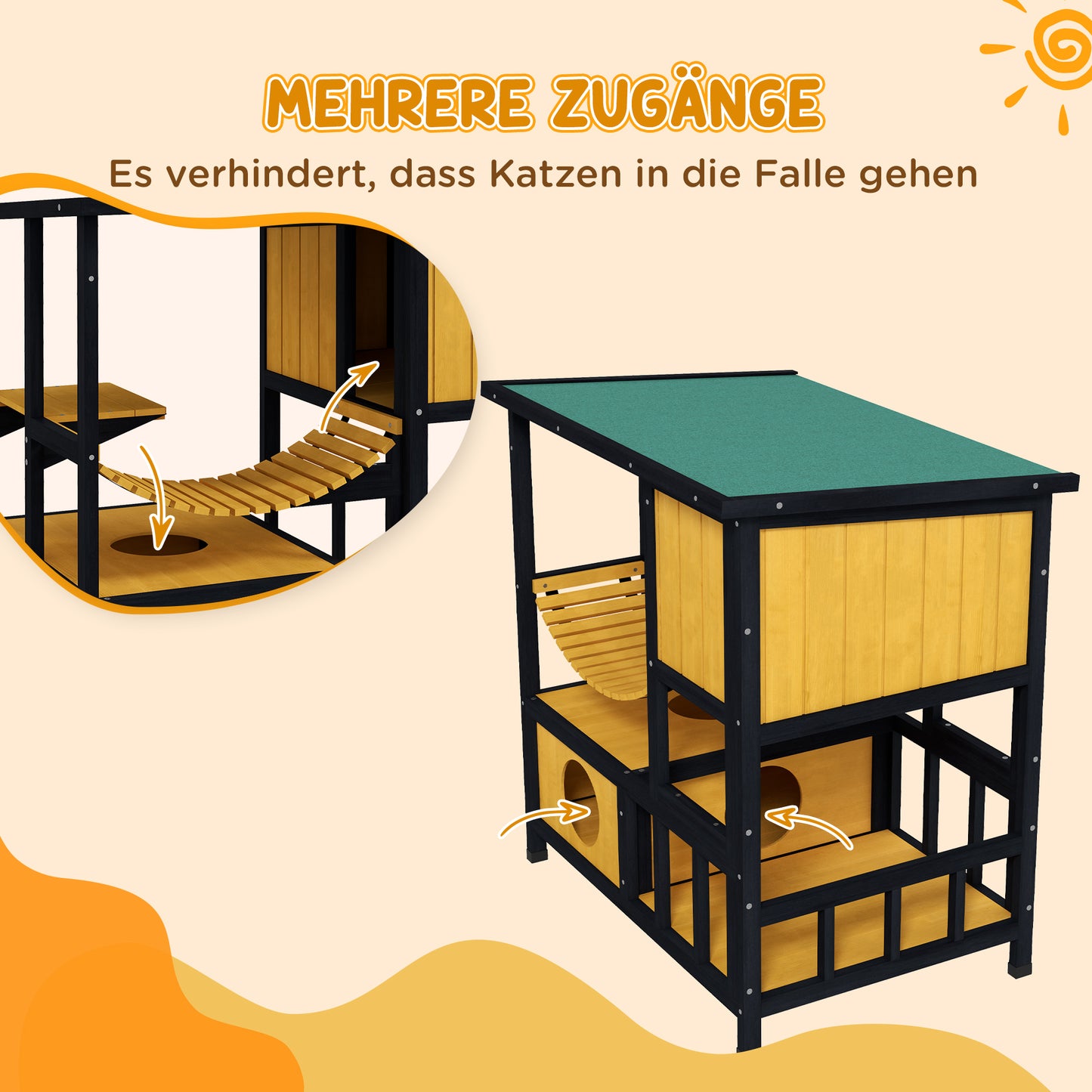 PawHut Katzenhaus Katzenhütte Katzenhöhle, wetterbeständig, 1 Rampe, 1 Plattform, 84,5 x 60 x 88 cm, Grün + Natur