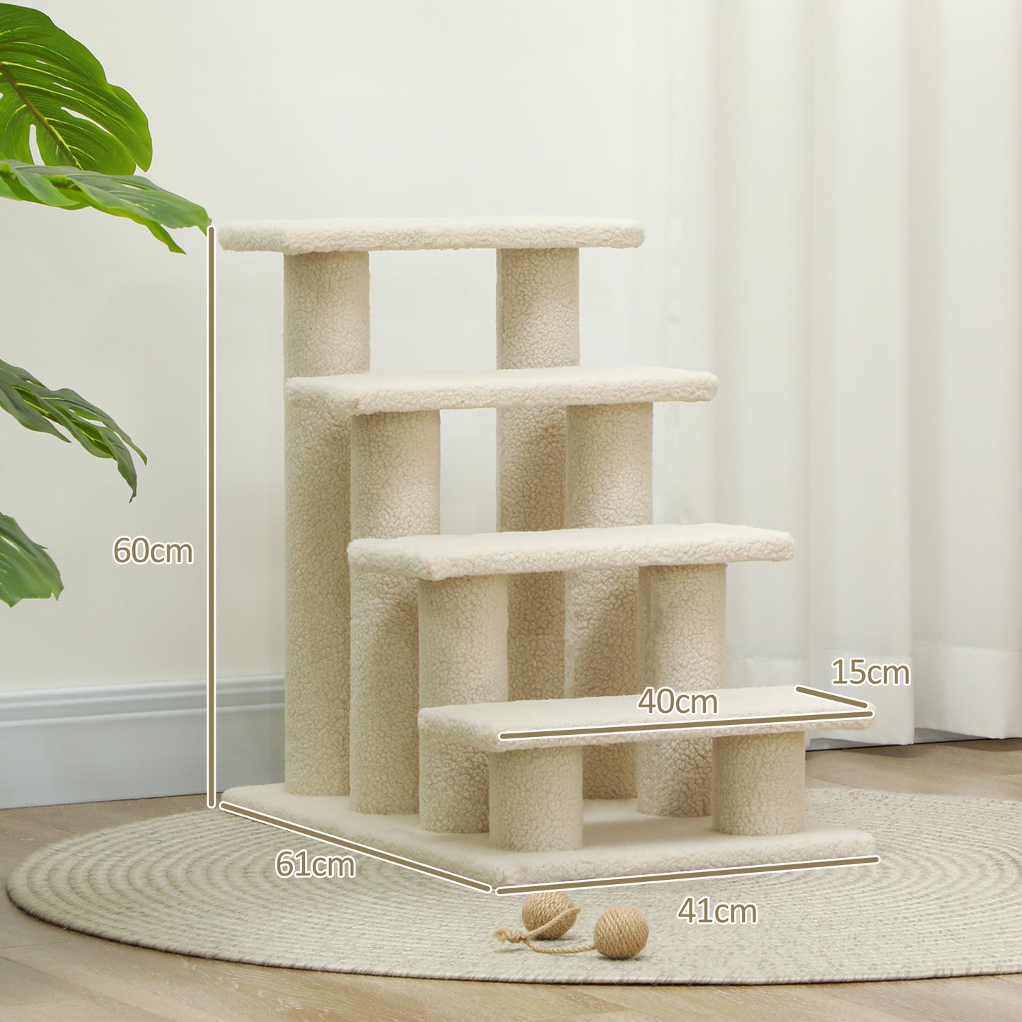 PawHut Katzentreppe 4 Stufen Tiertreppe Treppe für Katze Haustiertreppe Hundetreppe aus Plüsch 61 x 41 x 60 cm Cremeweiß