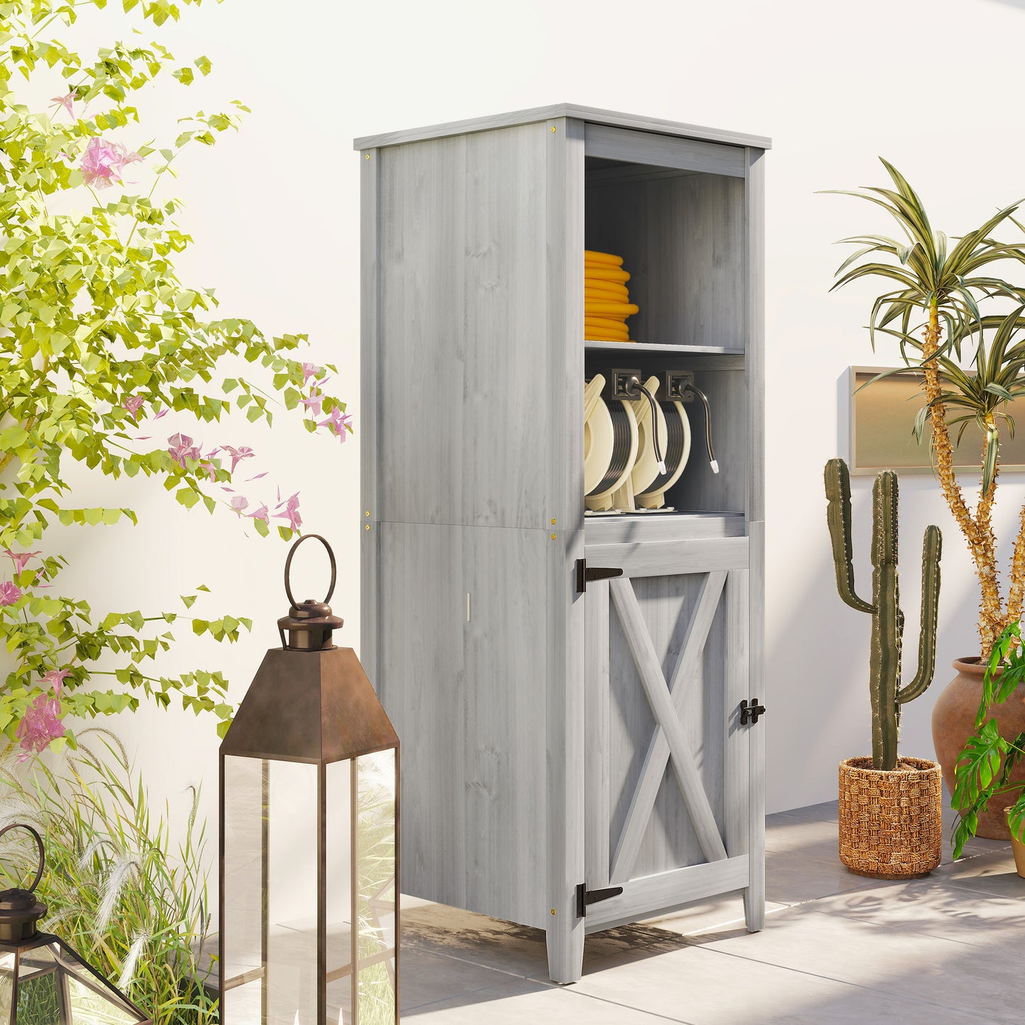 Outsunny Gartenschuppen mit Scheunentür, verstellbare Regale, schlankes Design, Tannenholz, Hellgrau