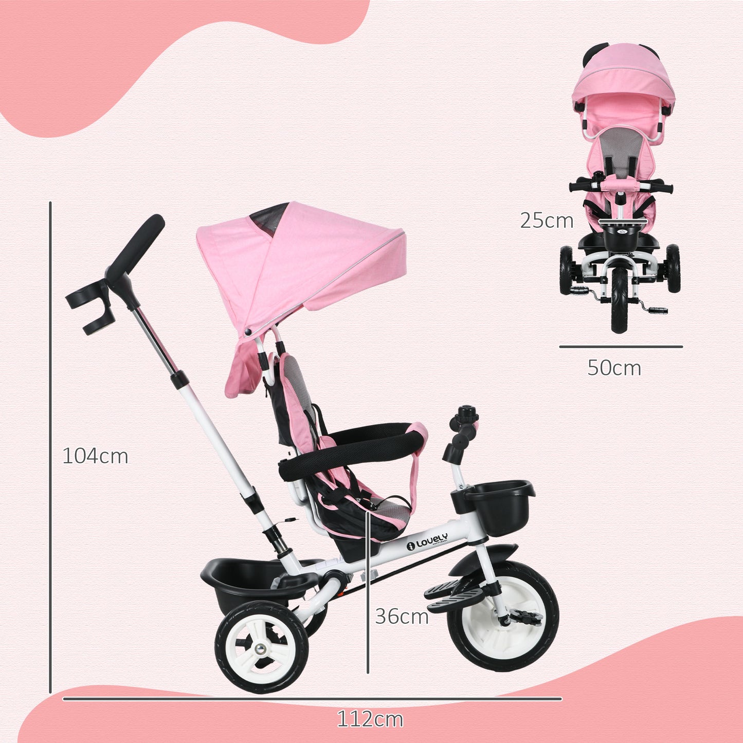 HOMCOM 6-in-1 Kinderdreirad mit Schiebestange, Dach, Gurt, Ablagekorb, 18+ Monate, Rosa