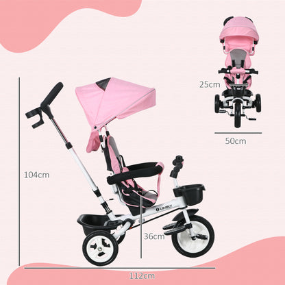 HOMCOM 6-in-1 Kinderdreirad mit Schiebestange, Dach, Gurt, Ablagekorb, 18+ Monate, Rosa