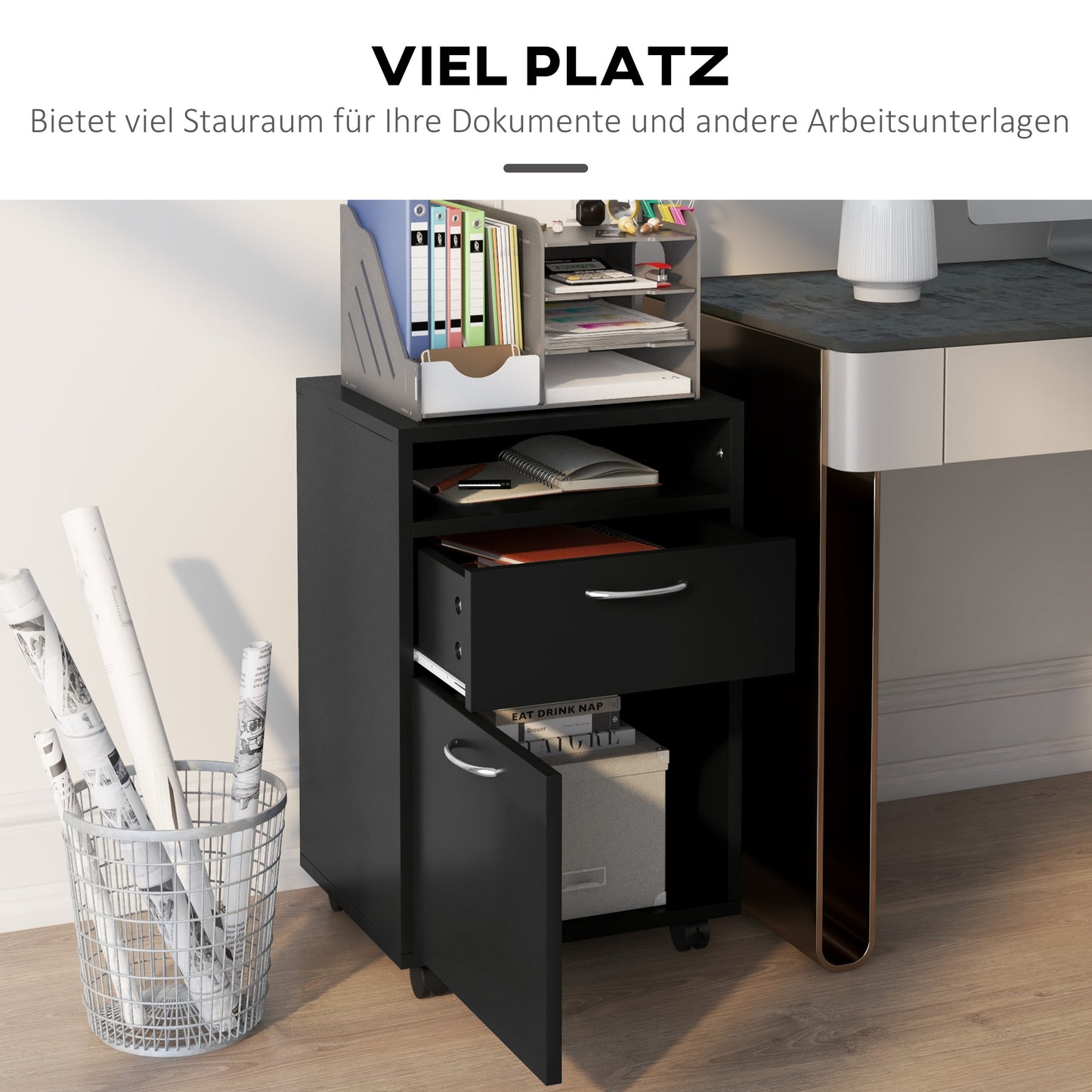 HOMCOM Rollcontainer Schubladencontainer Container, 1 Fach, 1 Regal, 1 Schublade, 40 cm x 3 cm x 60 cm, Schwarz