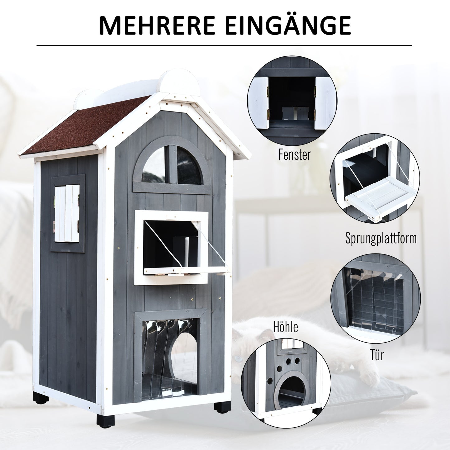 PawHut Katzenhaus für Katzenbett oder Katzentoilette, Katzenschrank, Katzenklo Indoor, Tannenholz, Asphaltdach, Grau, 59 x 55 x 109 cm