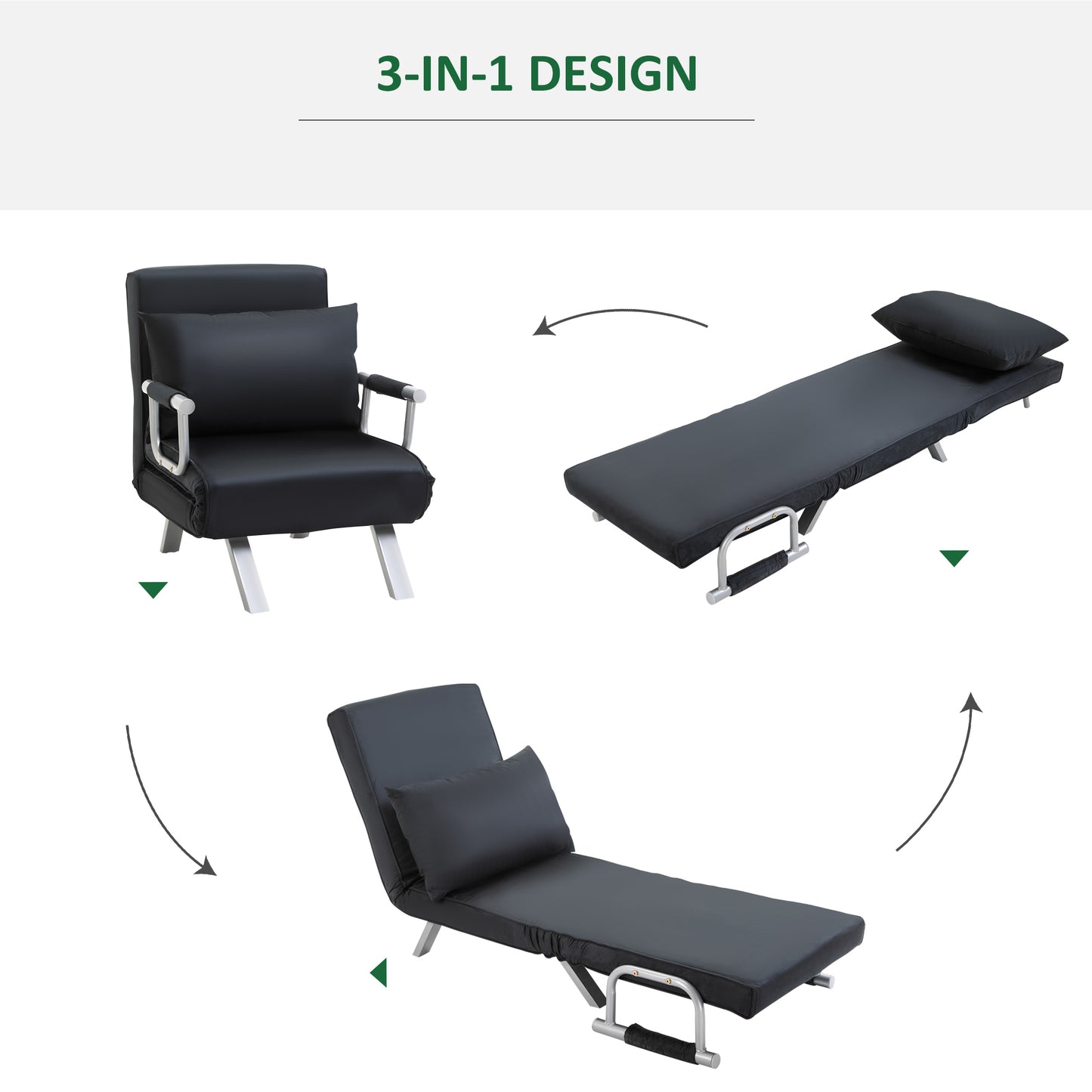 HOMCOM 3-in-1 Schlafsofa, Gästebett, Sessel inklusive Kissen, Schwarz