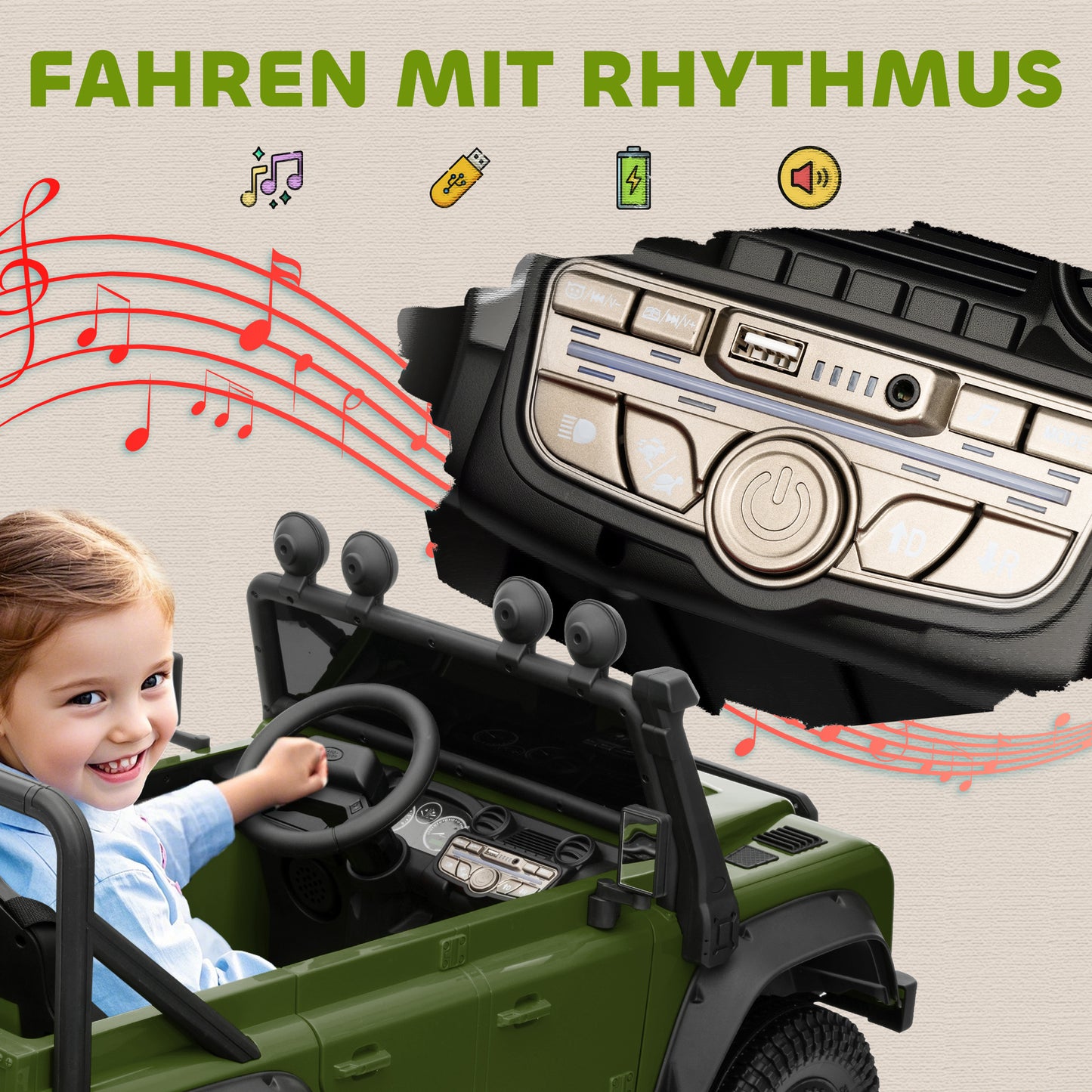 AIYAPLAY Kinder-Elektroauto, 12V Batterie-Betrieb, Fernbedienung, Musik-Funktion, Hupe, LED-Lichter, Grün